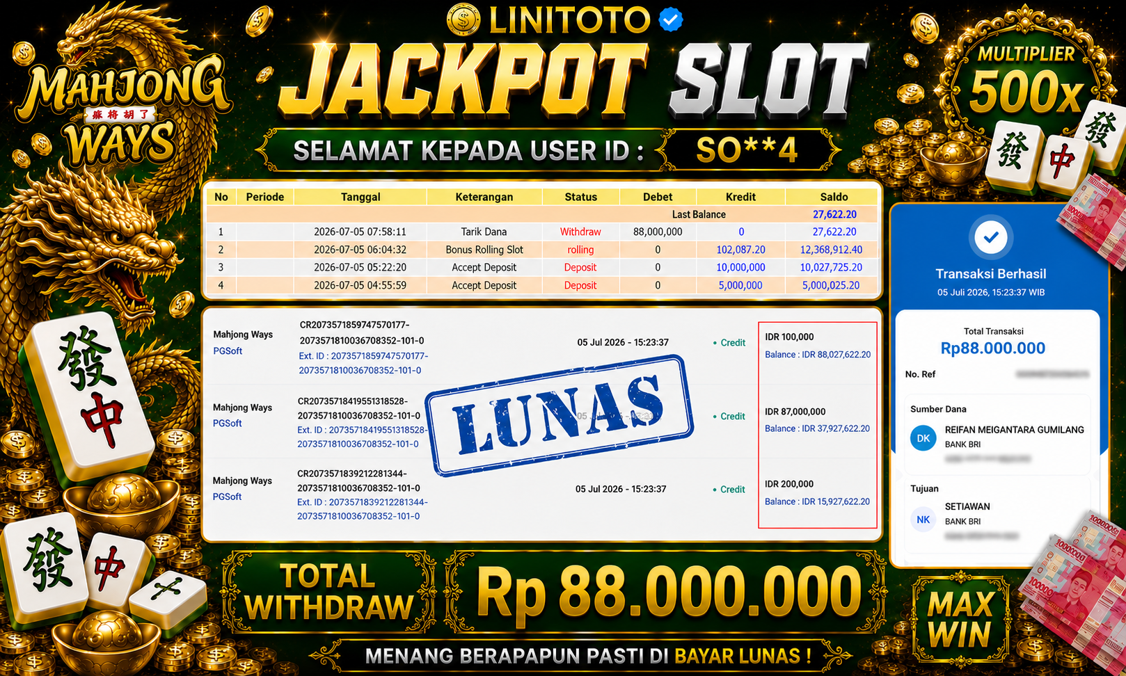 LINITOTO JACKPOT SLOT Mahjong Ways Rp.88,000,000 - LUNAS