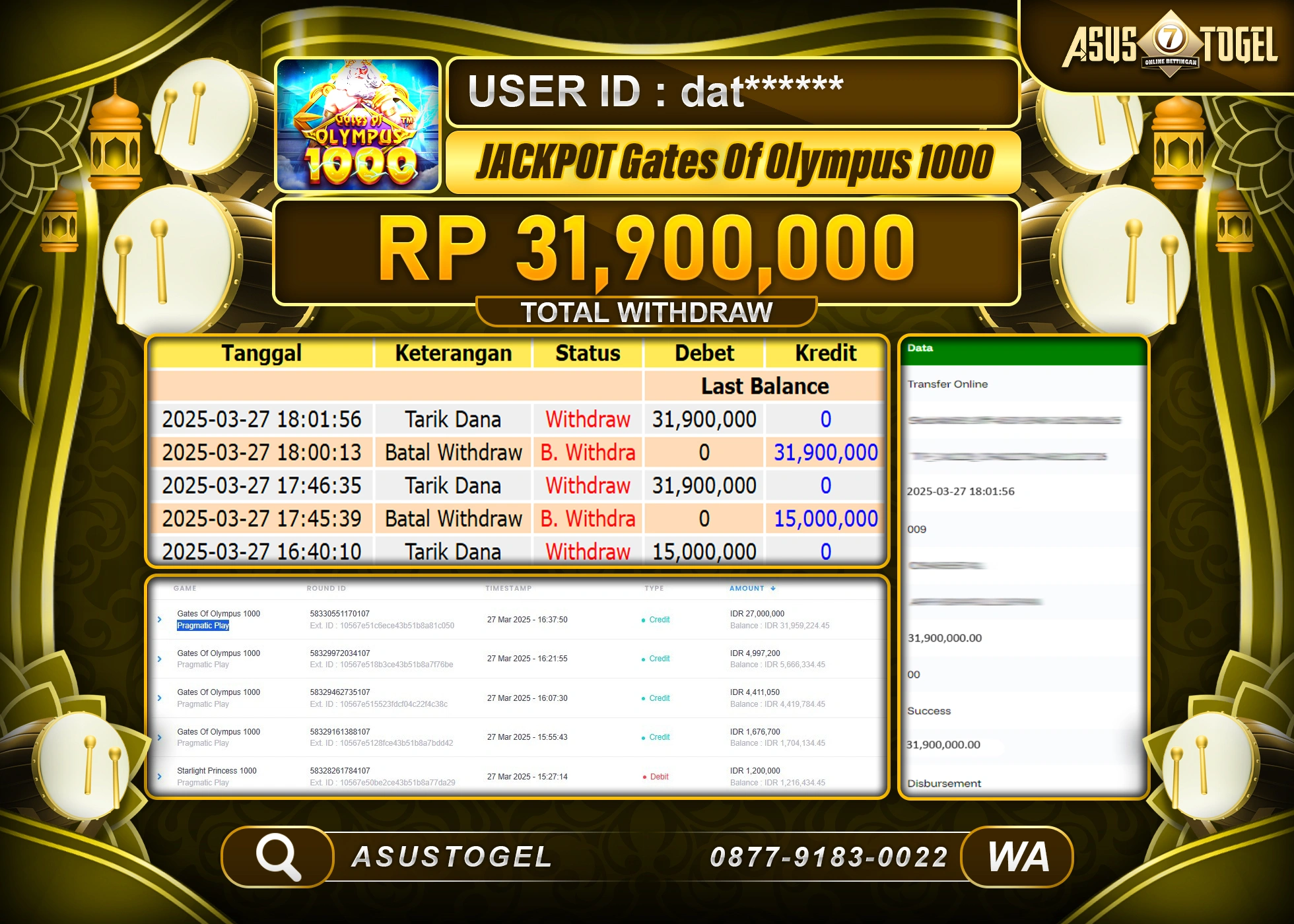 ASUSTOGEL KEMENANGAN DI GATES OF OLYMPUS 1000 SEBESAR 31,900,000- RUPIAH LUNAS