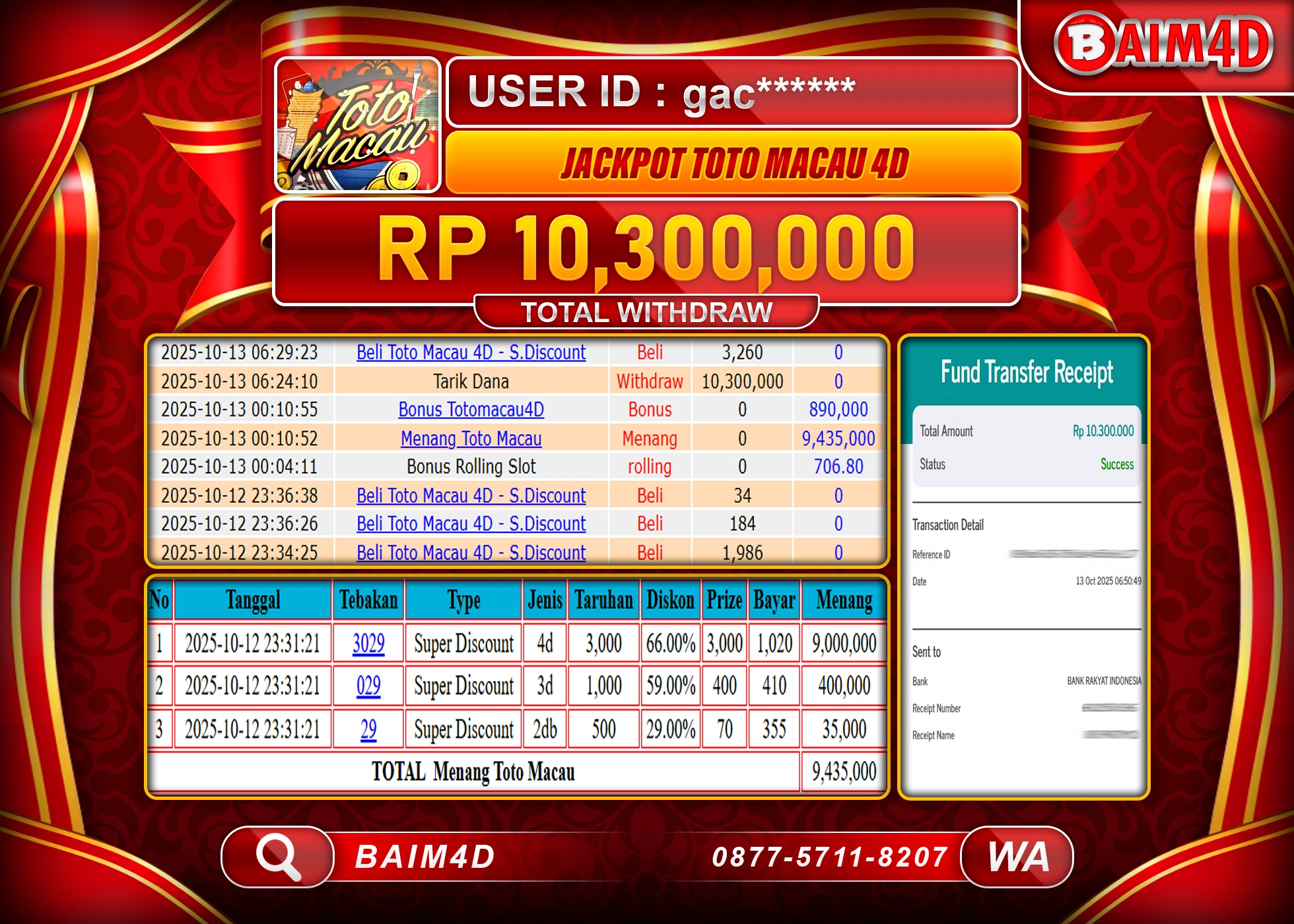 BAIM4D JACKPOT TOGEL TOTO MAACU 4D GAMES  Rp.10,300,000.- LUNAS