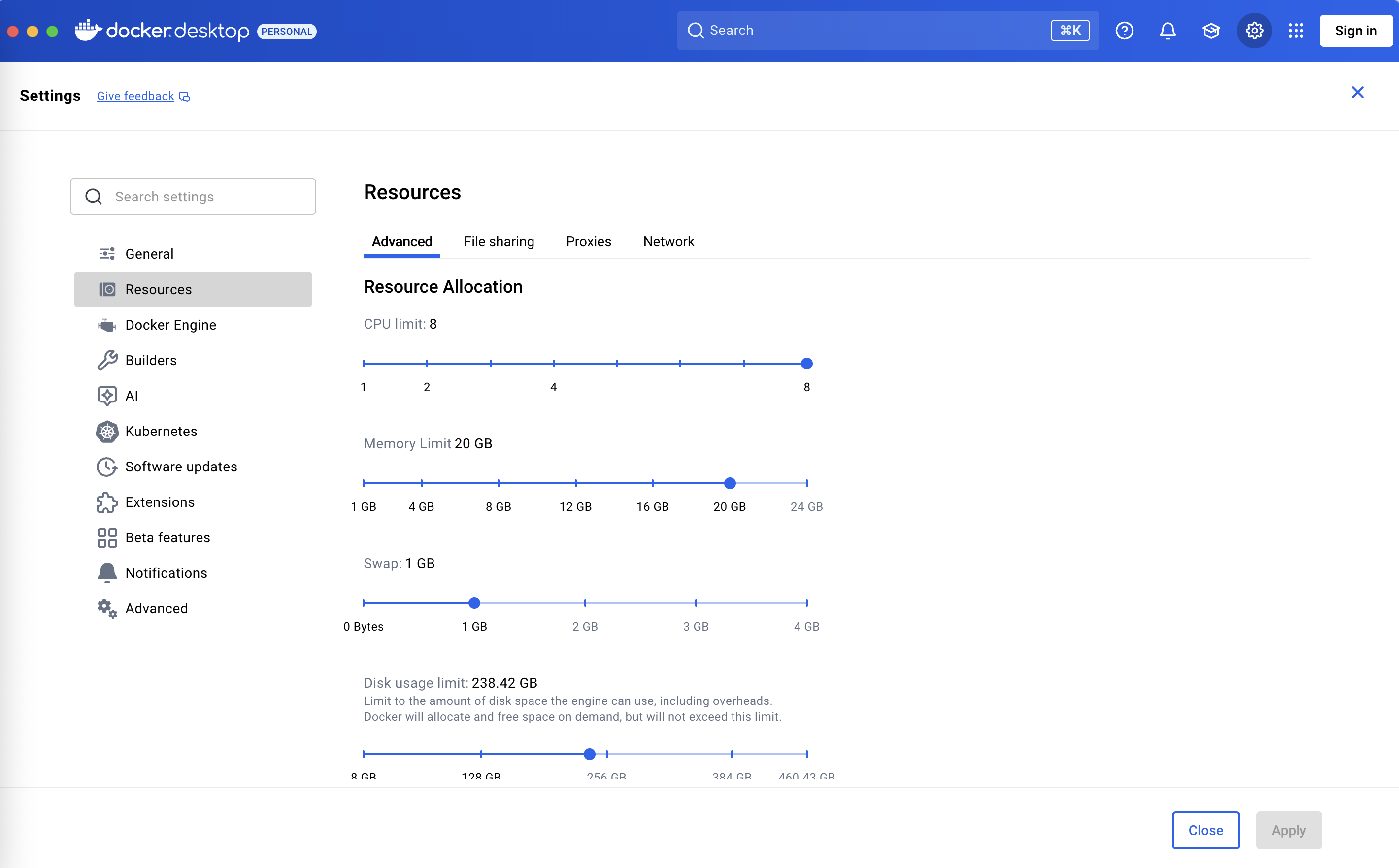 Docker Desktopのメモリ設定