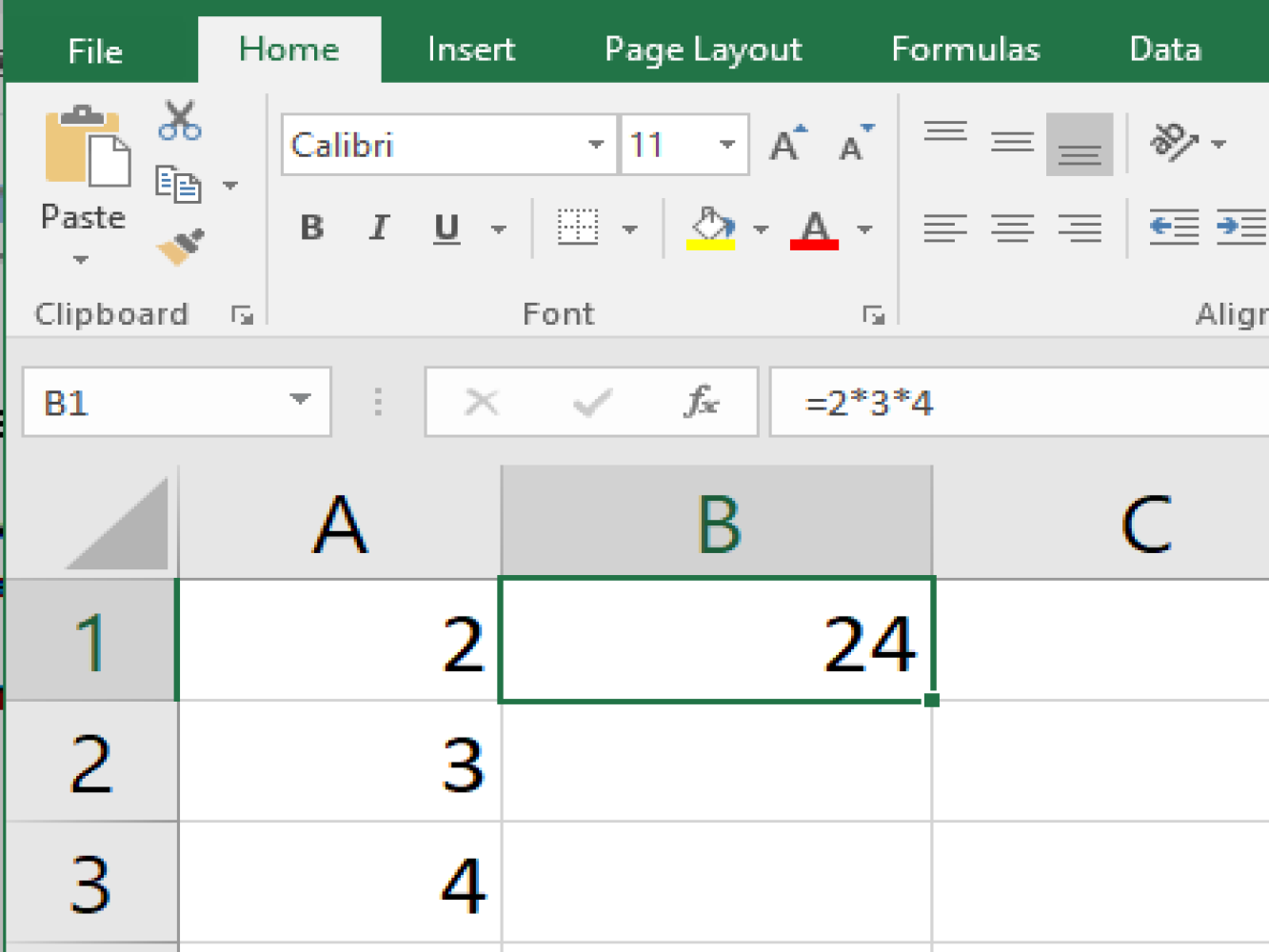 Screenshot of an Excel sample performing a multiply function using numbers