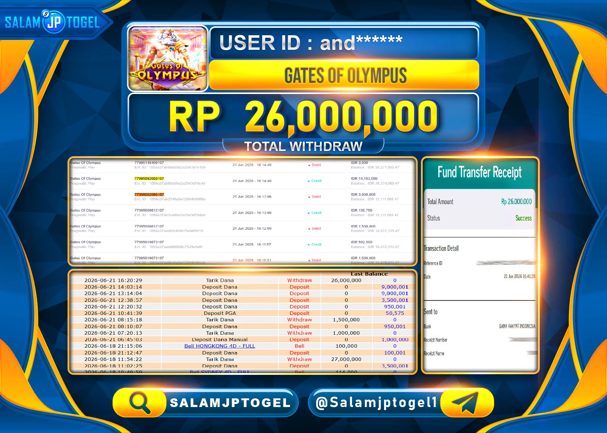 SALAMJPTOGEL JACKPOT SLOT MENANG GATES OF OLYMPUS Rp.26,000,000 - LUNAS