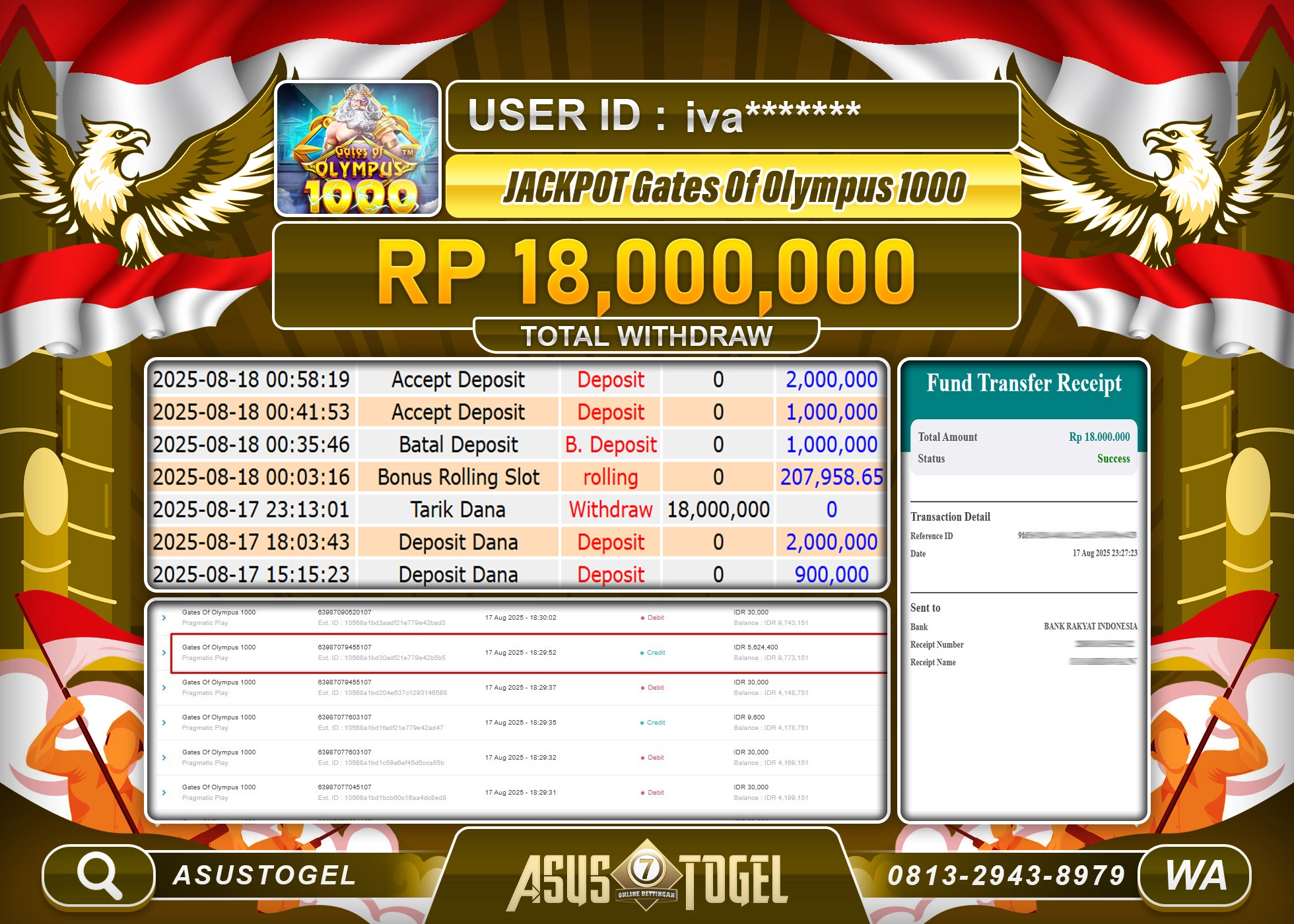 ASUSTOGEL KEMENANGAN DI SLOT GATES OF OLYMPUS 1000 SEBESAR 18,000,000- RUPIAH LUNAS