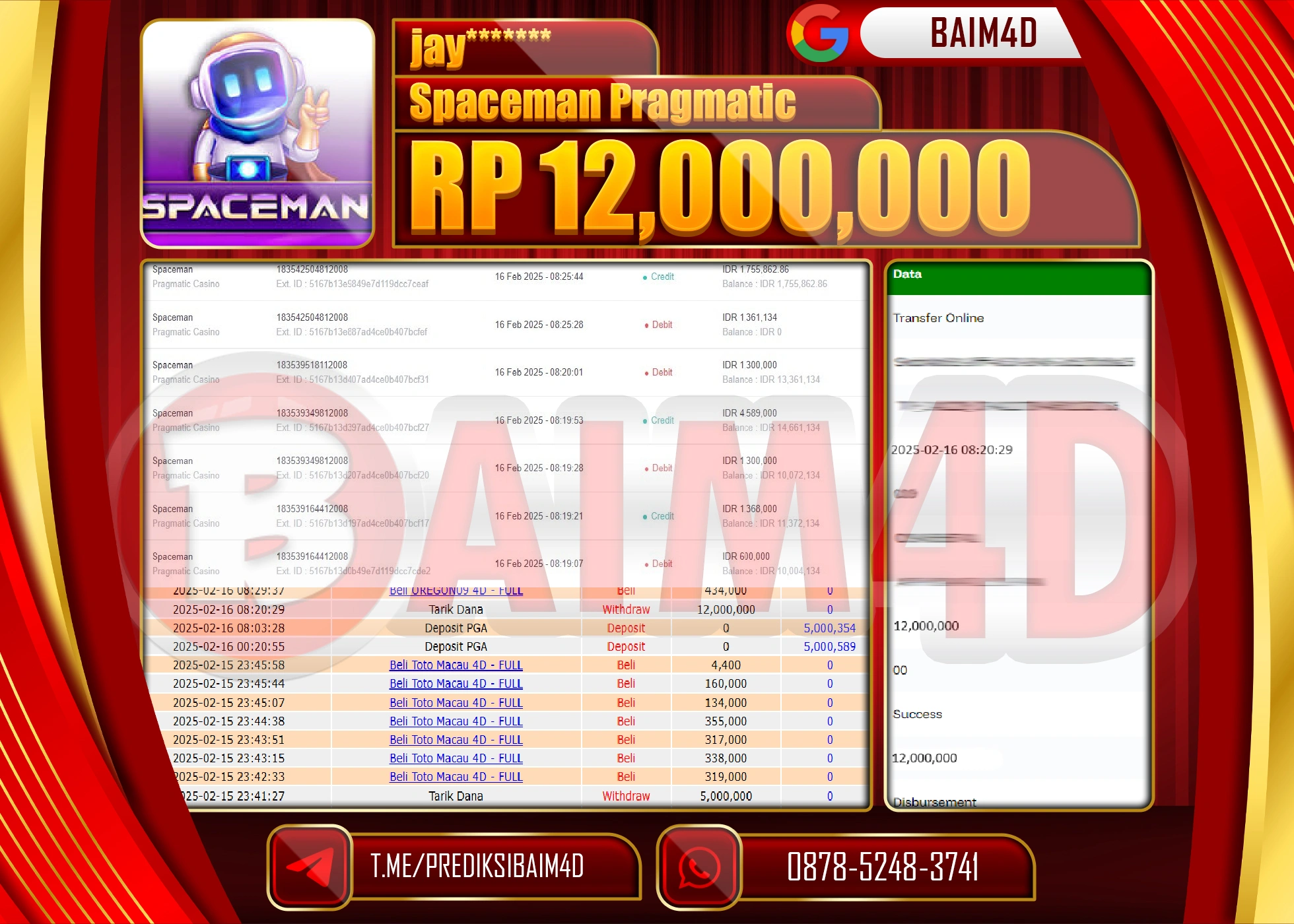 BAIM4D MENANG JACKPOT SPACEMAN PRAGMATIC.  Rp.12.000,000.