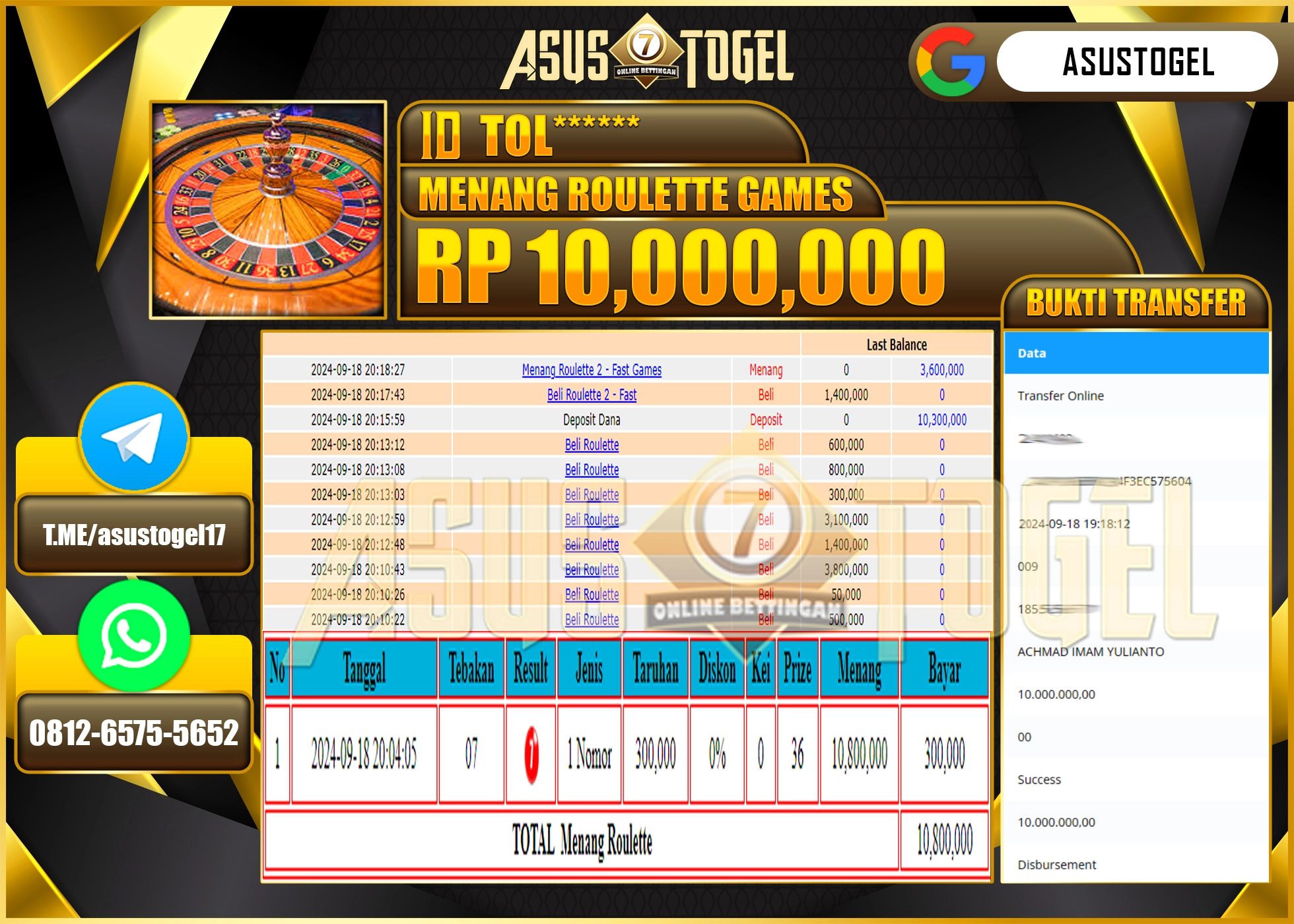 ASUSTOGEL KEMENANGAN DI LIVEGAME ROULETTE GAMES SEBESAR  10,000,000- RUPIAH LUNAS