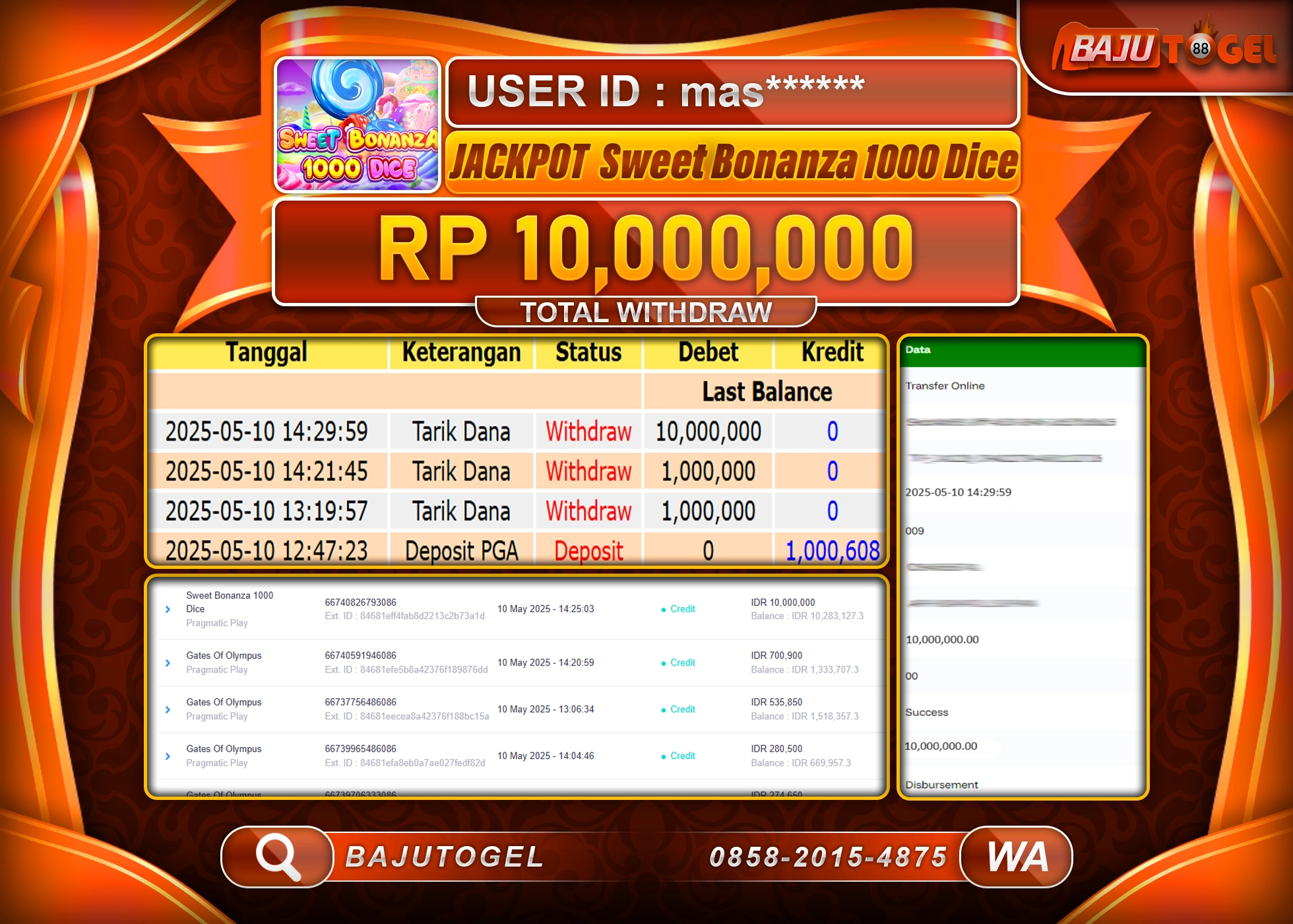 BAJUTOGEL KEMENANGAN  SWEET BONANZA 1000 DICE Rp.10.000.000 LUNAS