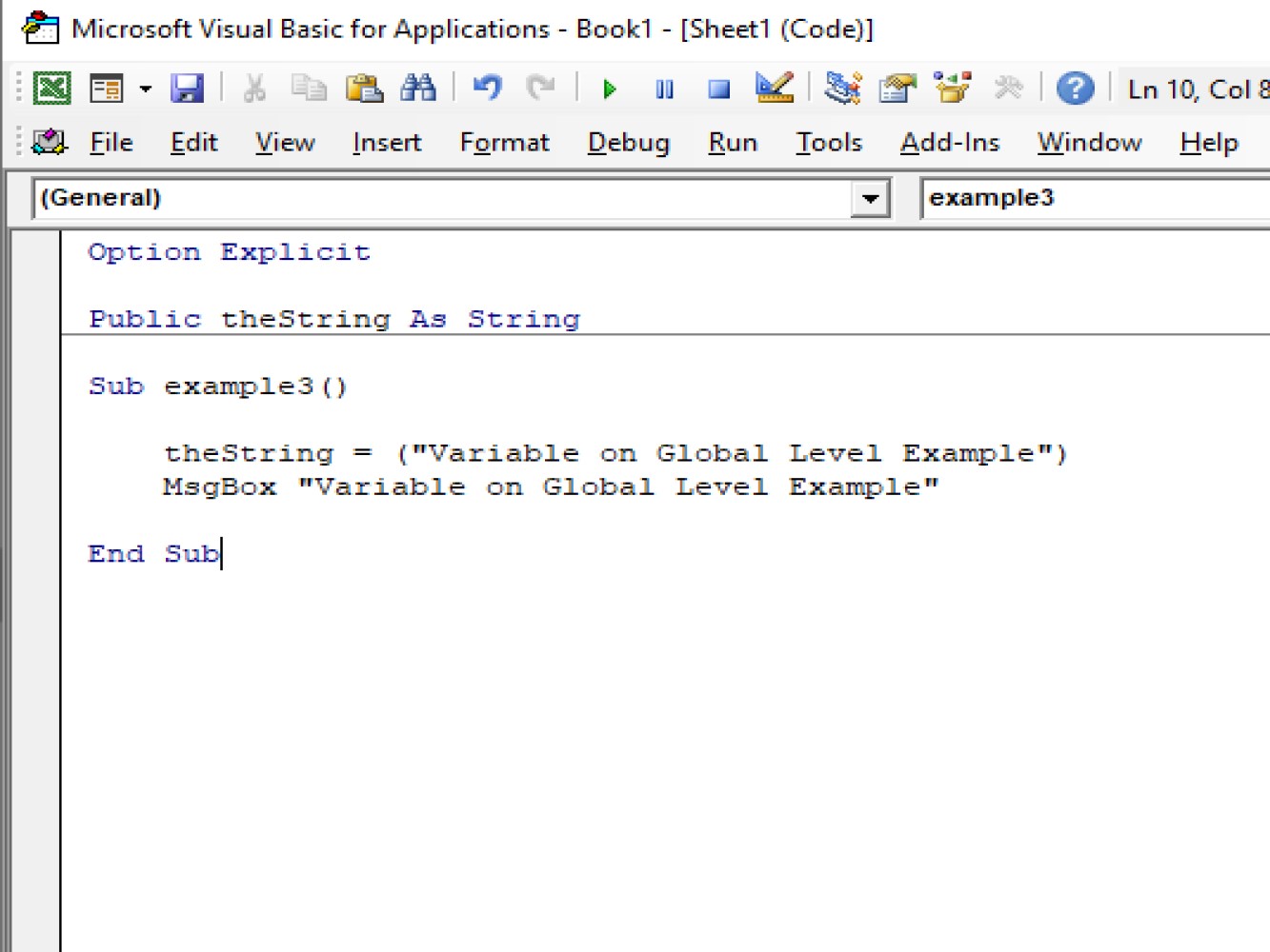 Screenshot of the code using global variable level