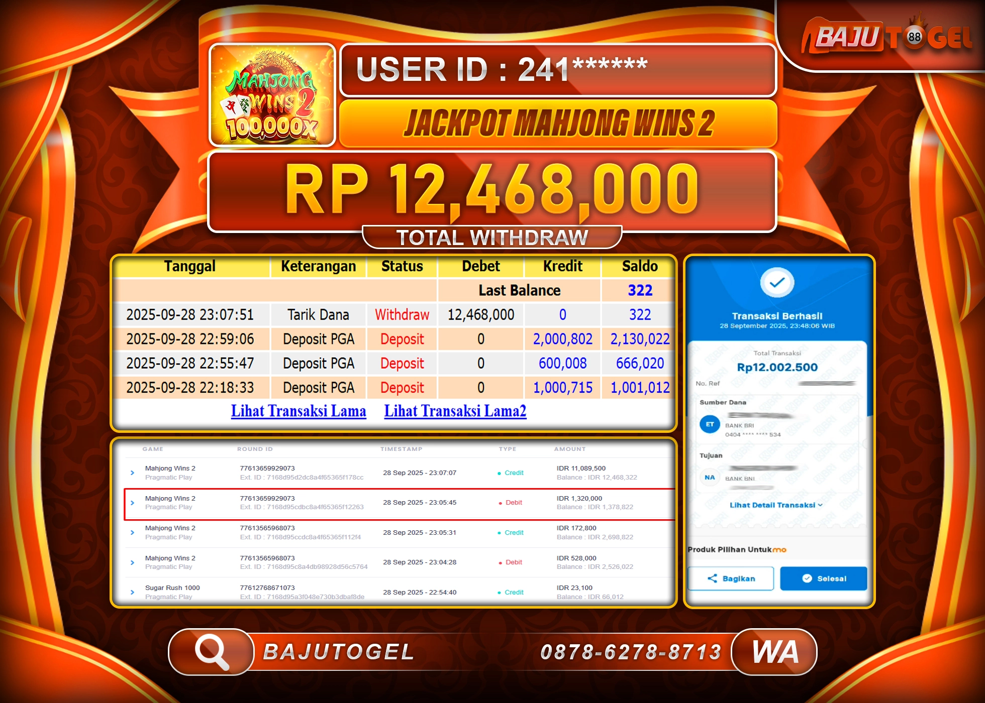 BAJUTOGEL KEMENANGAN JACKPOT MAHJONG WINS 2 Rp.12.468.000 LUNAS