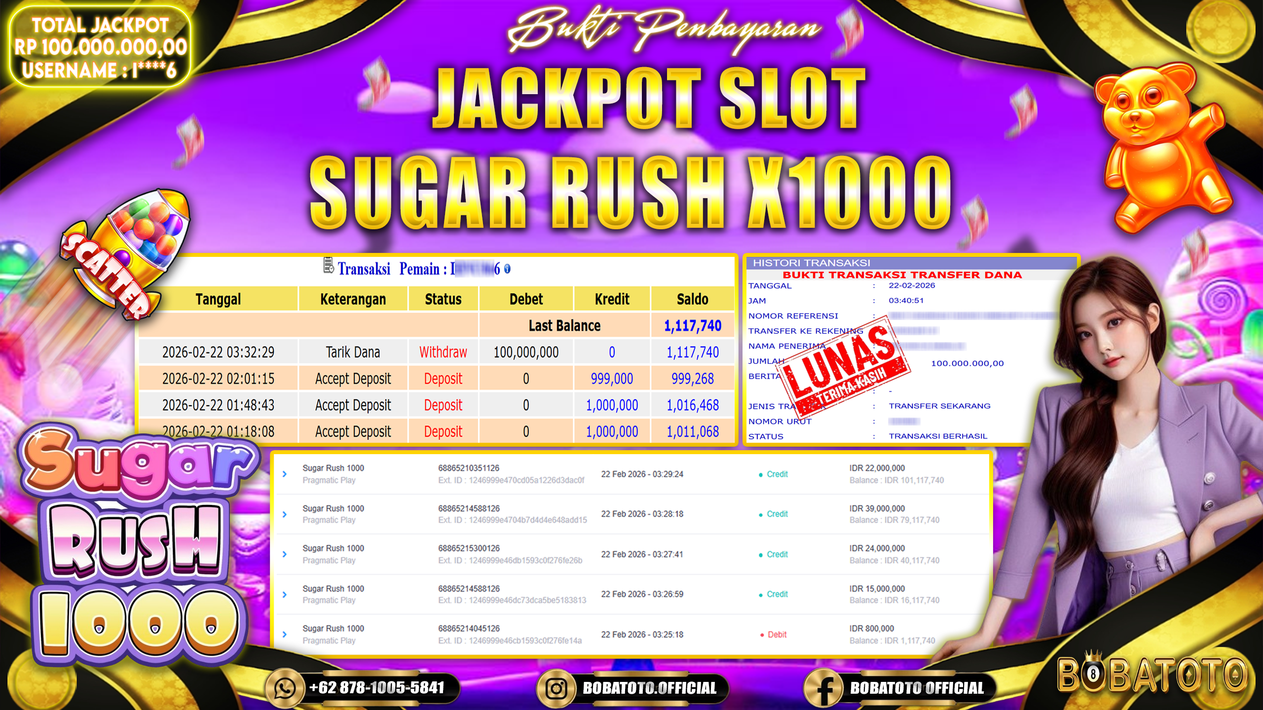 BOBATOTO JACKPOT SLOT PRAGMATIC SUGAR RUSH 1000 Rp.100,000,000,- LUNAS!!