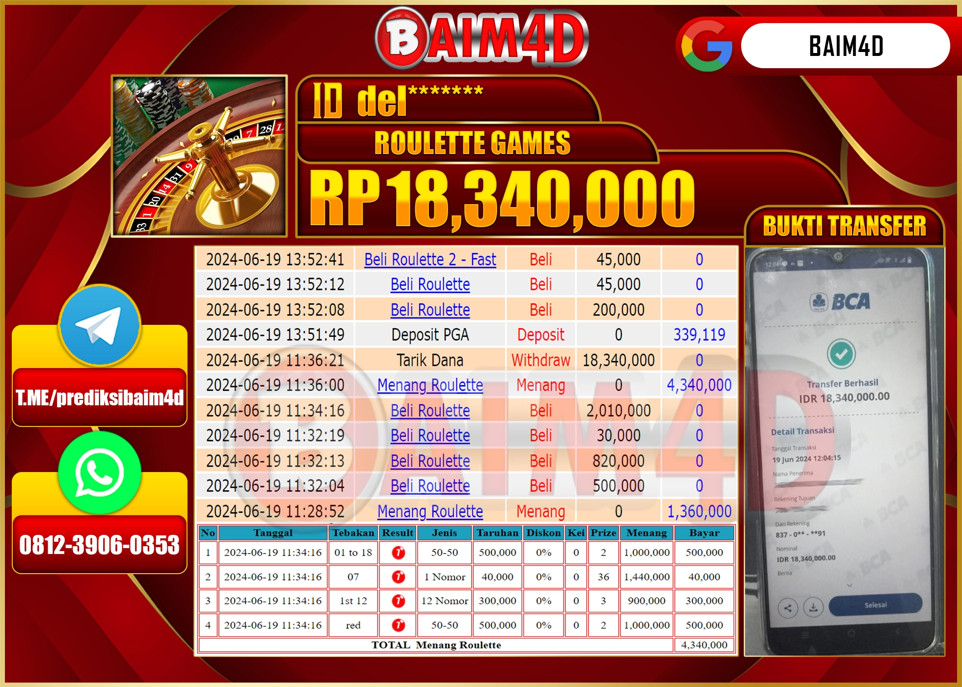 BAIM4D JACKPOT LIVE CASINO ROULETTE Rp.18,340,000.- LUNAS