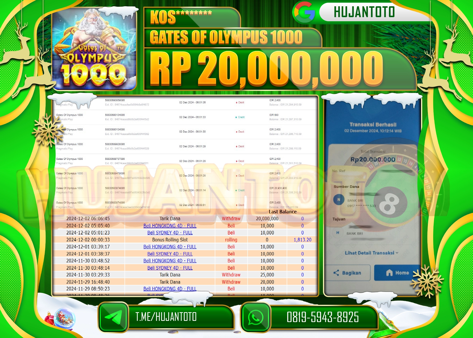 HUJANTOTO MENANG JACKPOT BESAR DI RAIH DI PERMAINAN SLOT GATES OF OLYMPUS - 20.000.000 - LUNAS 