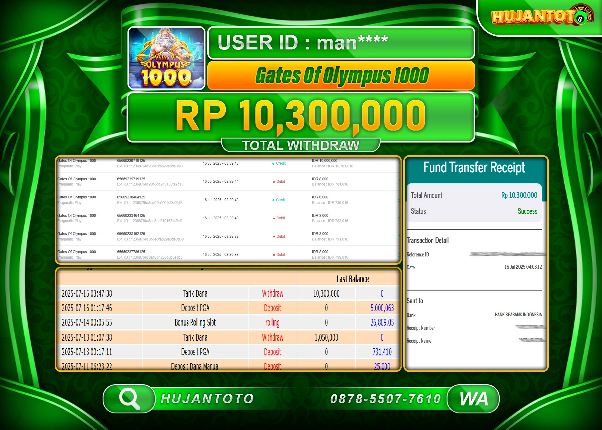 HUJANTOTO - BUKTI JACKPOT MENANG SLOT GATES OF OLYMPUS 1000 Rp.10,300,000 - TERBAYAR LUNAS