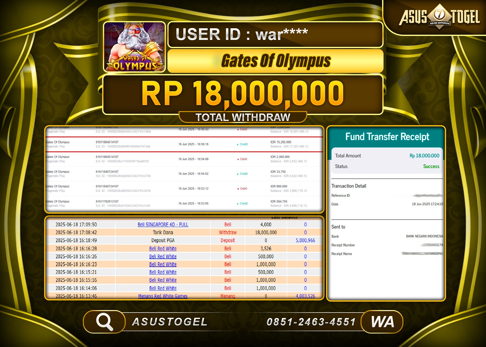 ASUSTOGEL KEMENANGAN DI SLOT GATES OF OLYMPUS SEBESAR 18,000,000- RUPIAH LUNAS