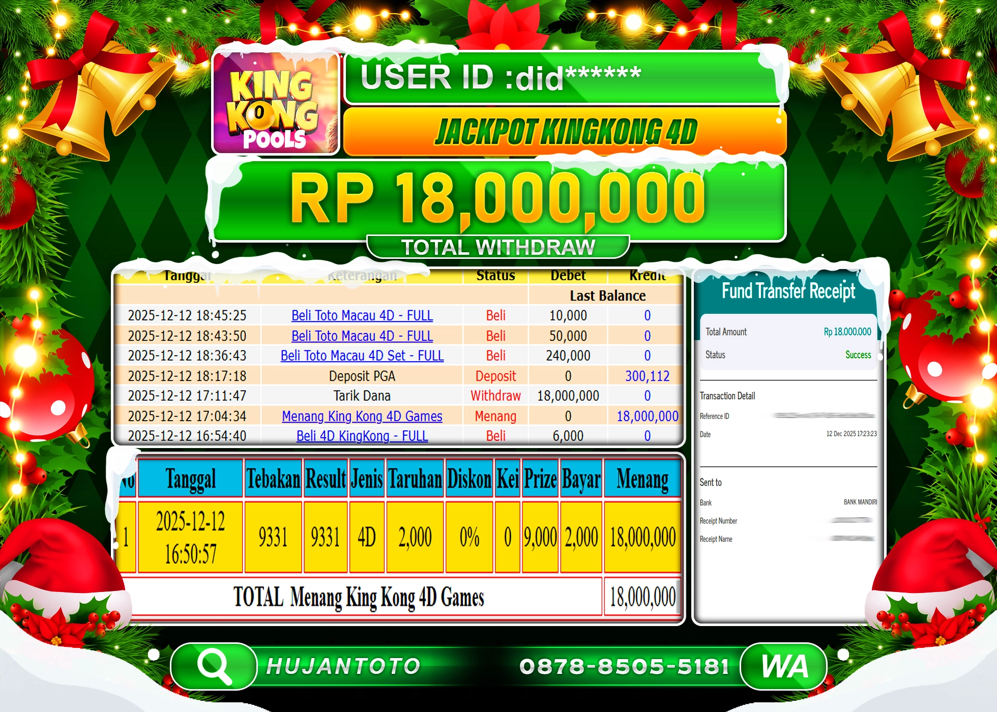 HUJANTOTO - BUKTI JACKPOT MENANG PERMAINAN TOGEL KING KONG 4D  Rp.18,000,000 - TERBAYAR LUNAS