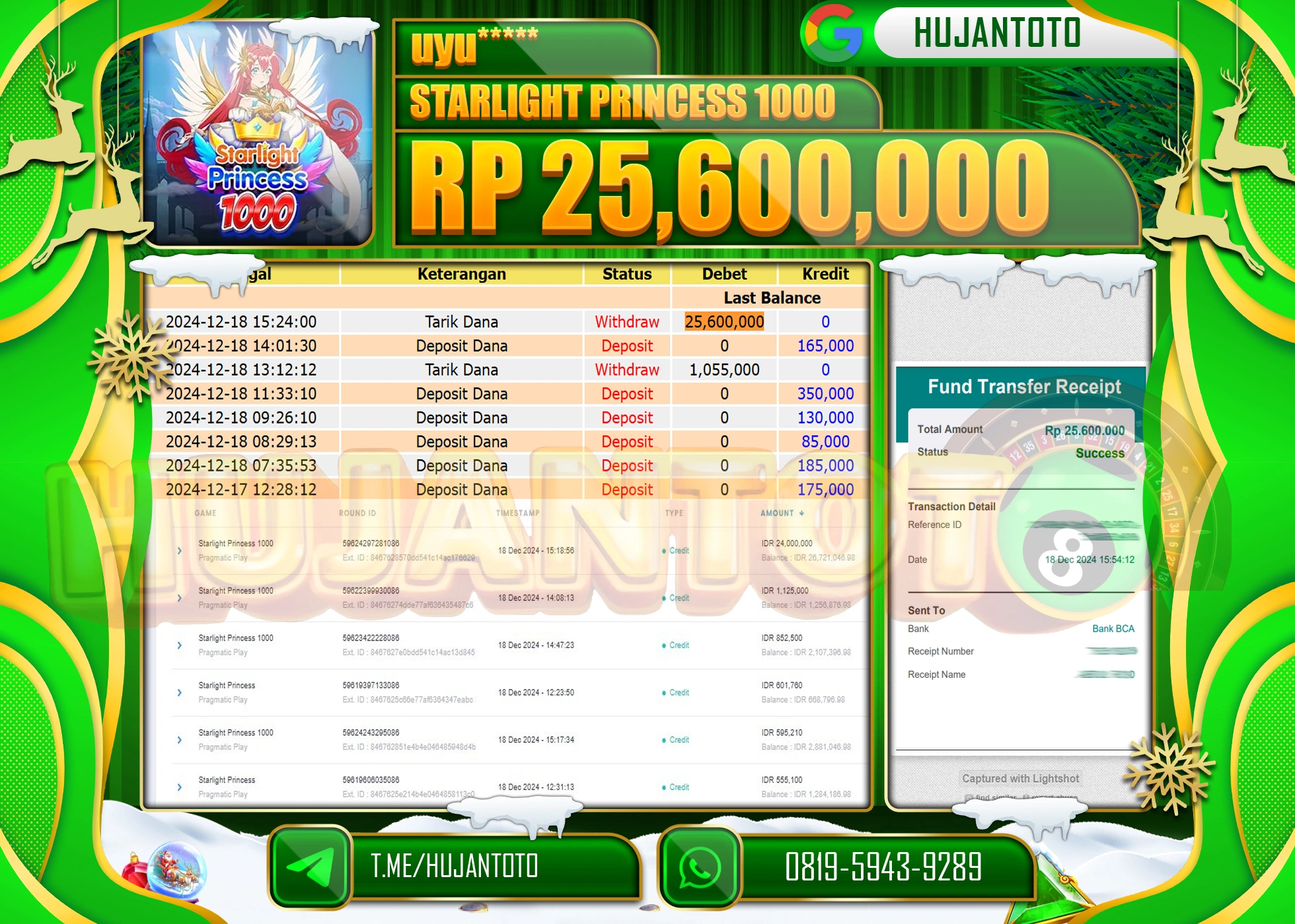 HUJANTOTO ATAS KEMENANGAN YANG DI RAIH DI PERMAINAN SLOT STARLIGHT PRINCES 1000 SEBESAR - 25,600,000 - TERBAYAR LUNAS