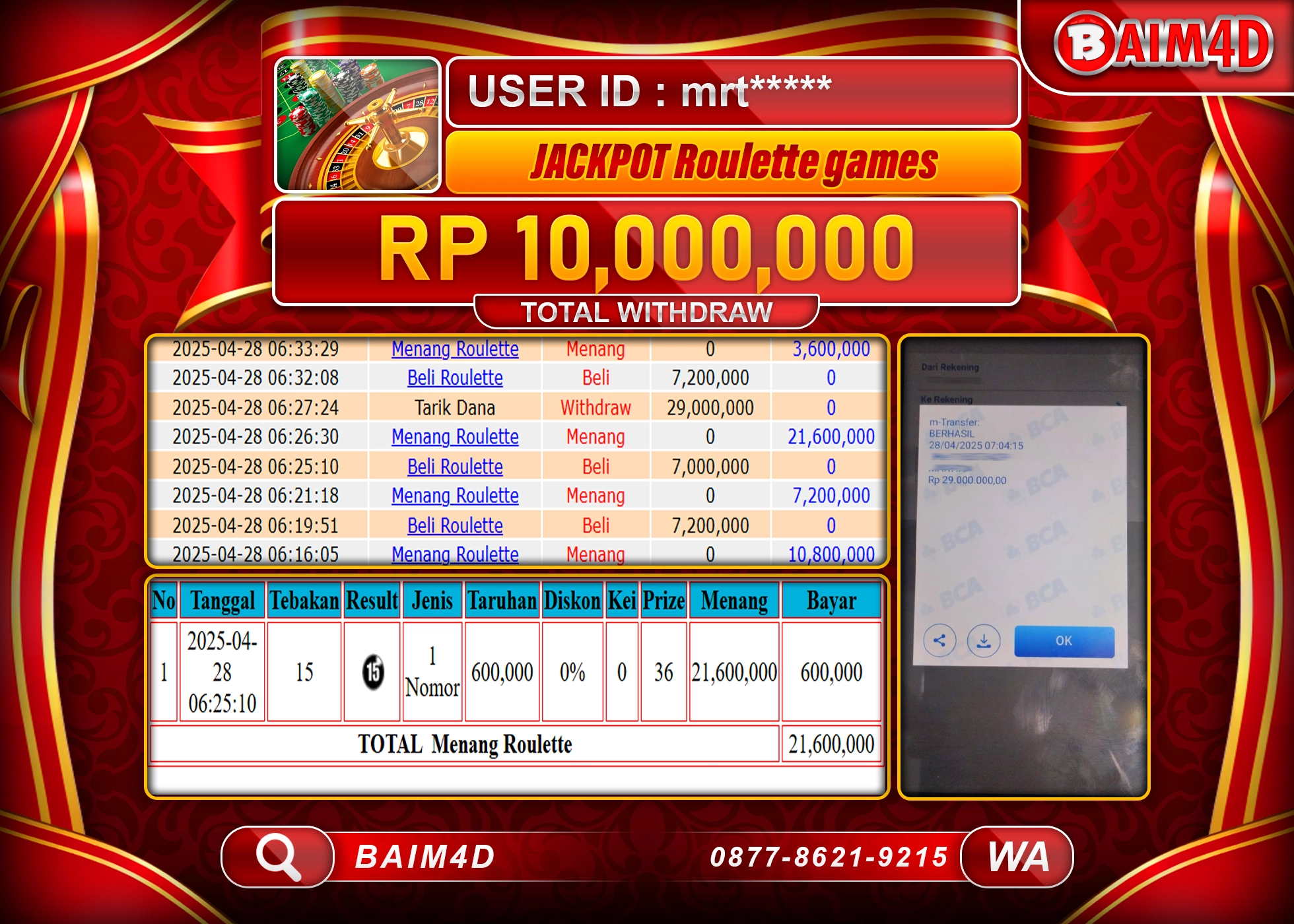 BAIM4D MENANG JACKPOT ROULETTE LIVE GAMES Rp.10.000,000.- LUNAS
