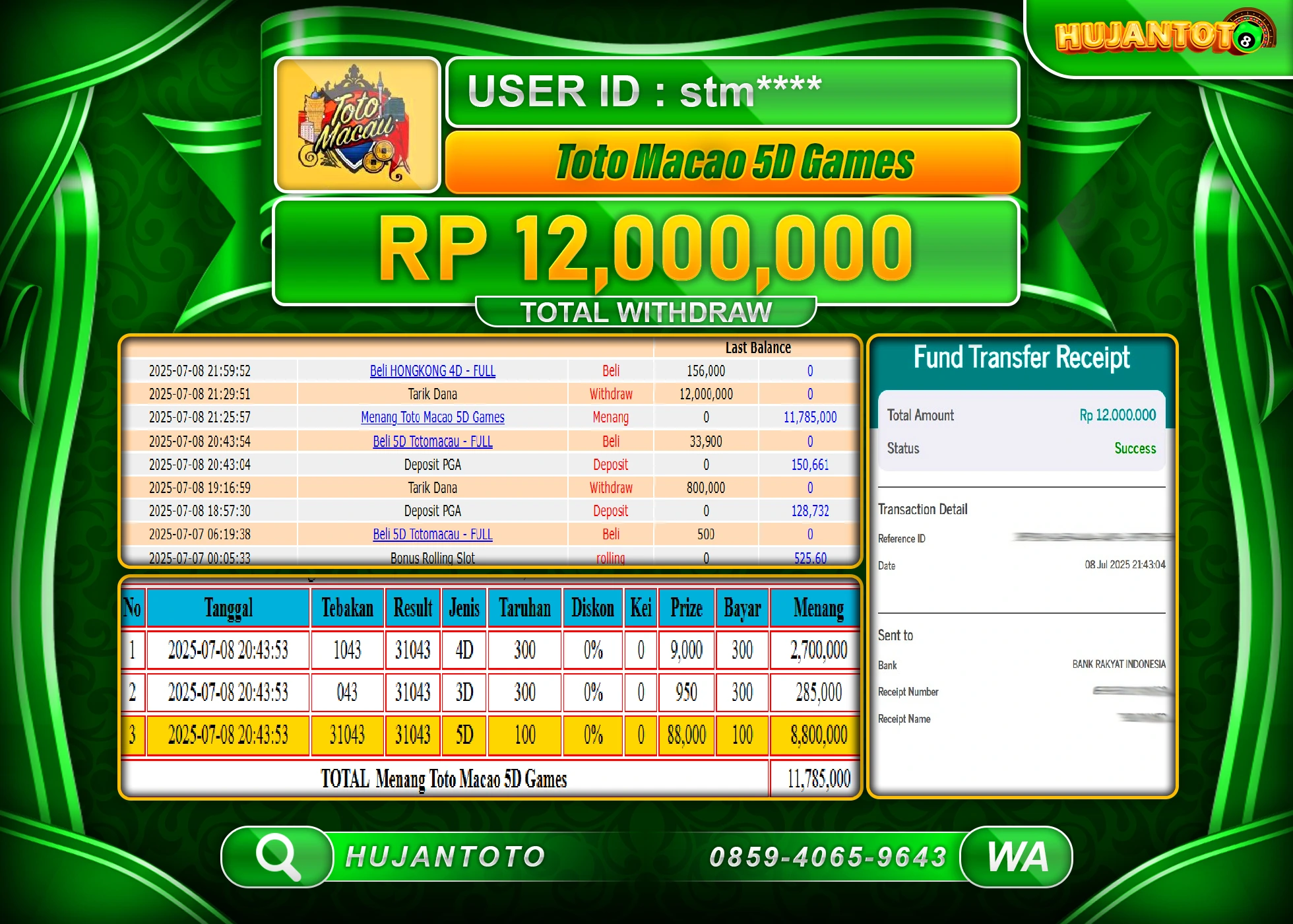 HUJANTOTO - BUKTI JACKPOT MENANG TOGEL TOTO MACAO 5D GAMES Rp.12,000,000 - TERBAYAR LUNAS