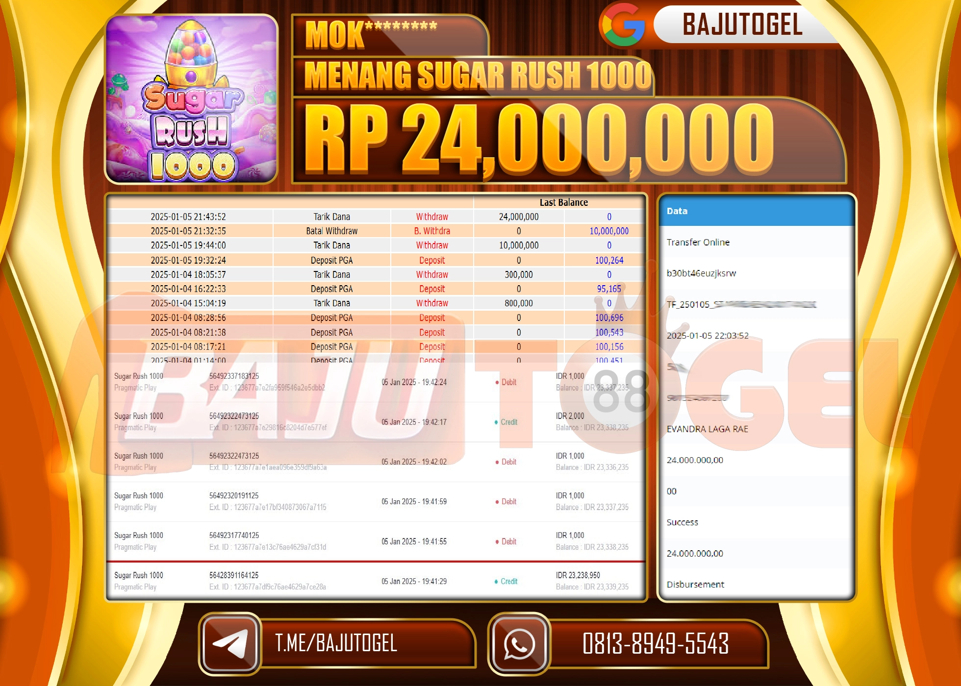 BAJUTOGEL JACKPOT SUGAR RUSH 1000 Rp.24.000.000 LUNAS