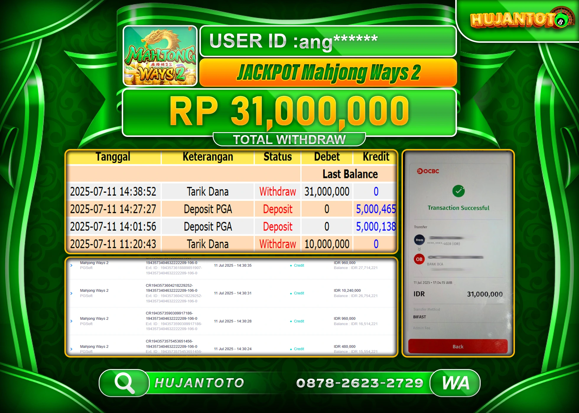HUJANTOTO - BUKTI JACKPOT MENANG SLOT MAHJONG WAYS 2 Rp.31,000,000 - TERBAYAR LUNAS