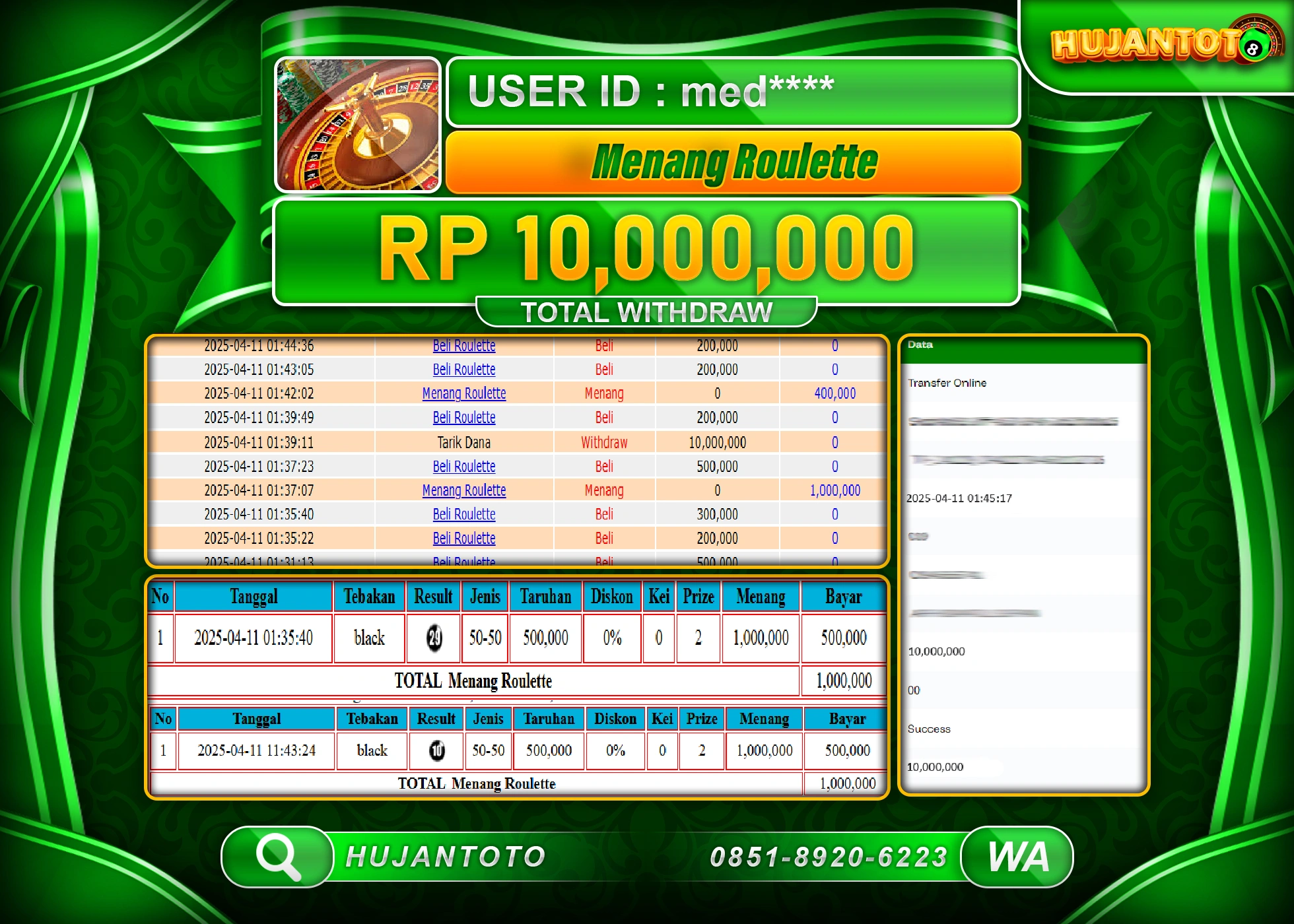 HUJANTOTO - BUKTI JACKPOT MENANG LIVE GAME ROULETTE Rp,10,000,000 - TERBAYAR LUNAS