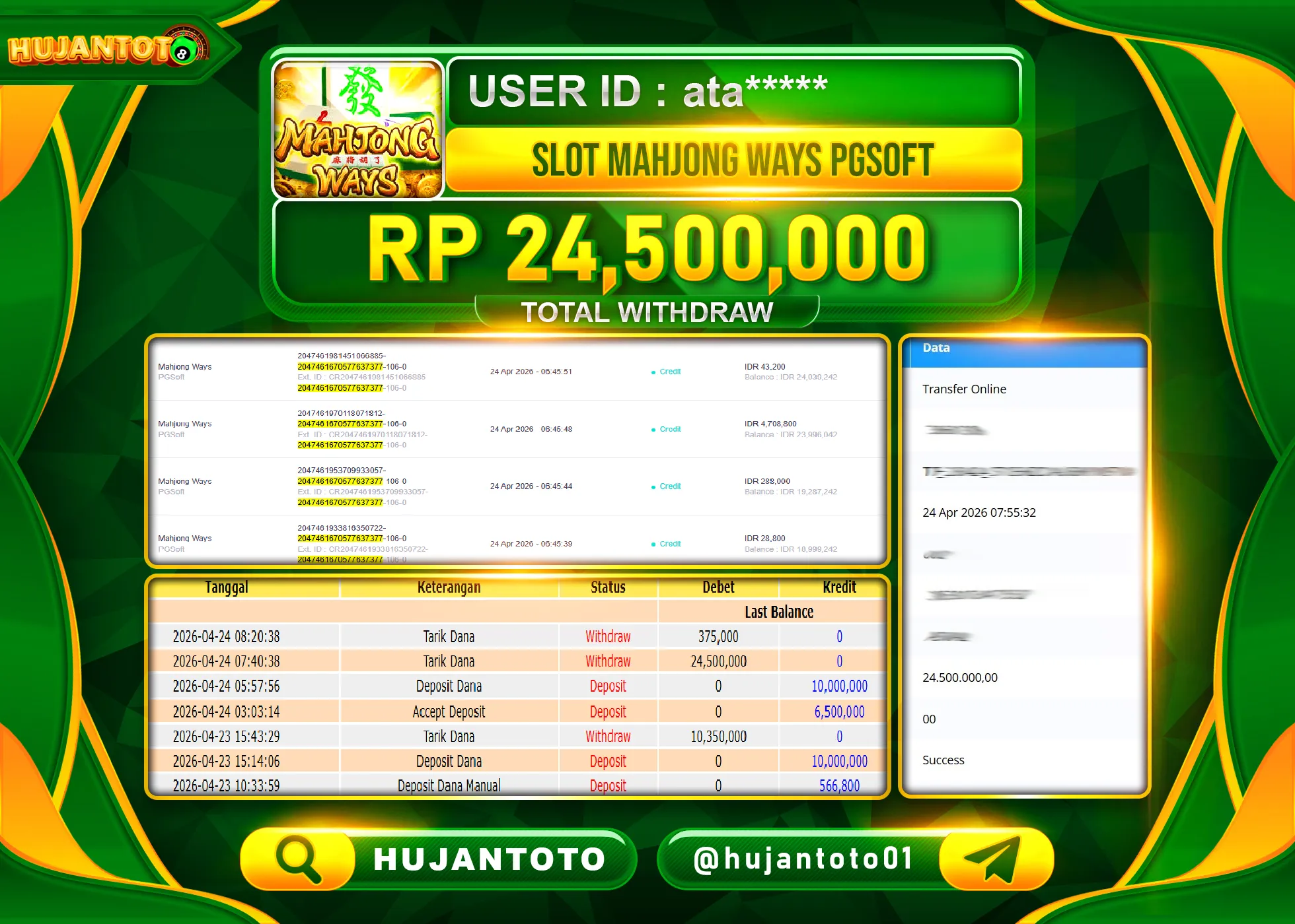 HUJANTOTO - BUKTI JACKPOT MENANG SLOT MAHJONG WAYS PGSOFT Rp.24,500,000 - TERBAYAR LUNAS