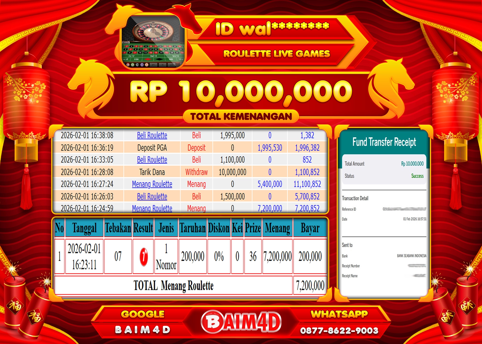 BAIM4D JACKPOT  ROULETTE LIVE GAMES  Rp.10,000,000 - LUNAS