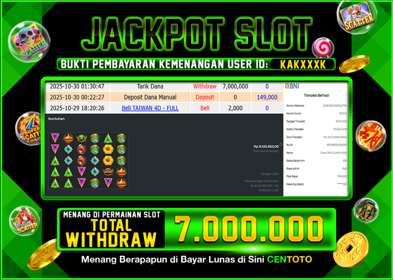 BUKTI JACKPOT SLOT CENTOTO RP.7.000.000,-LUNAS