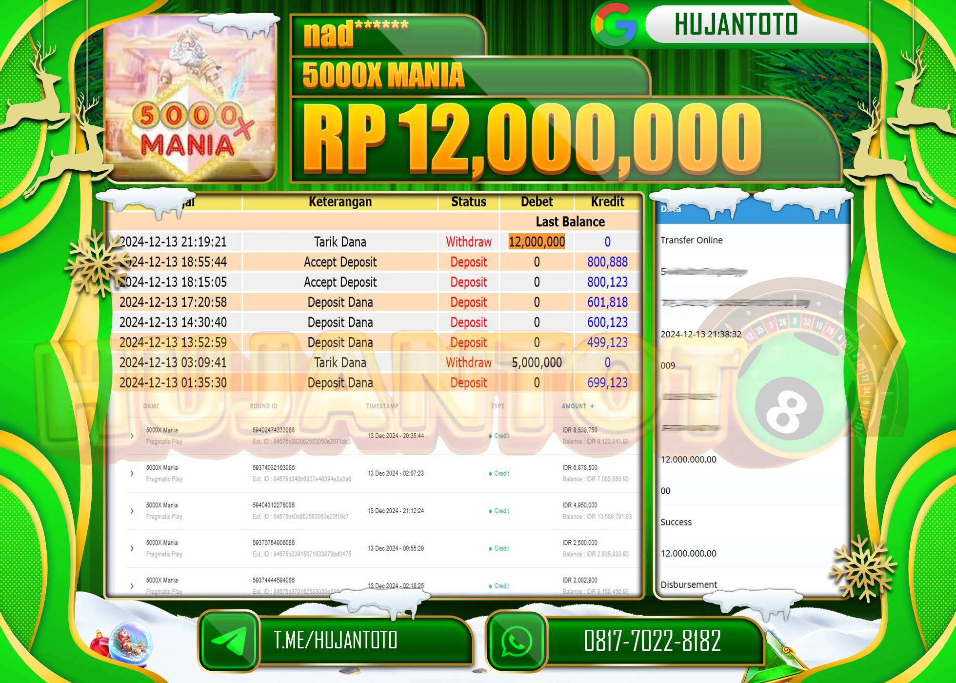 HUJANTOTO ATAS KEMENANGAN BESAR YANG DI RAIH DI PERMAINA SLOT 5000X MANIA SEBESAR - 12,000,000 - TERBAYAR LUNAS