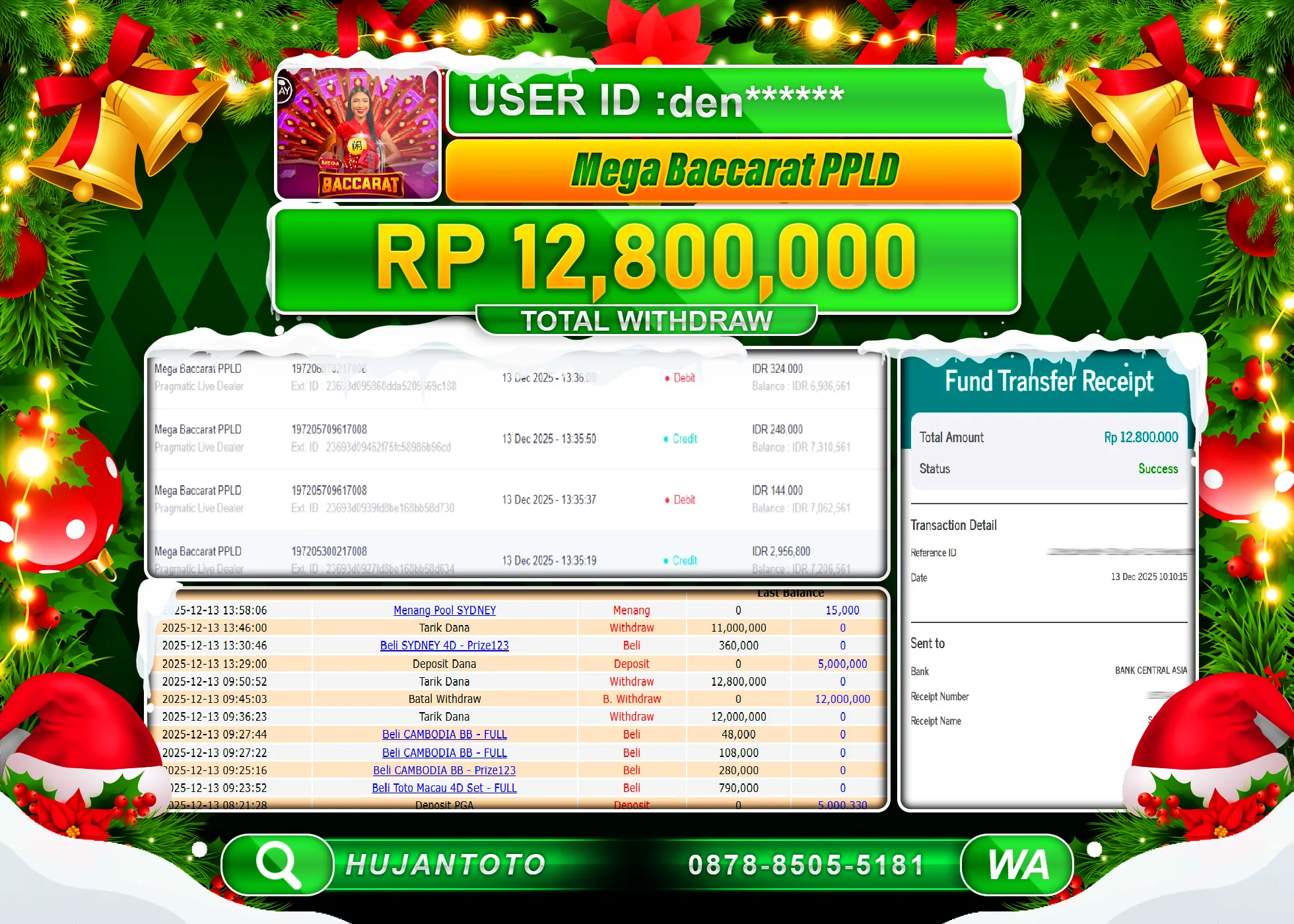 HUJANTOTO - BUKTI JACKPOT MENANG LIVE GAME MEGA BACCARAT PPLD Rp.12,800,000 - TERBAYAR LUNAS