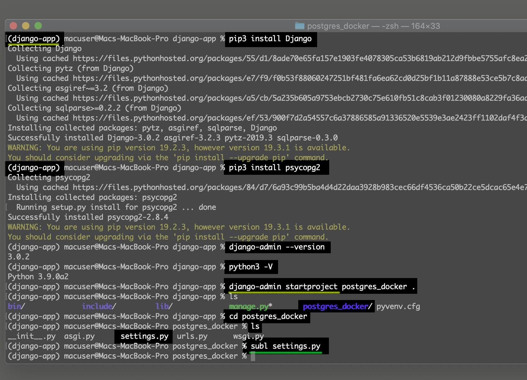 Terminal screenshot creating a Django project inside of a Python virtual environment