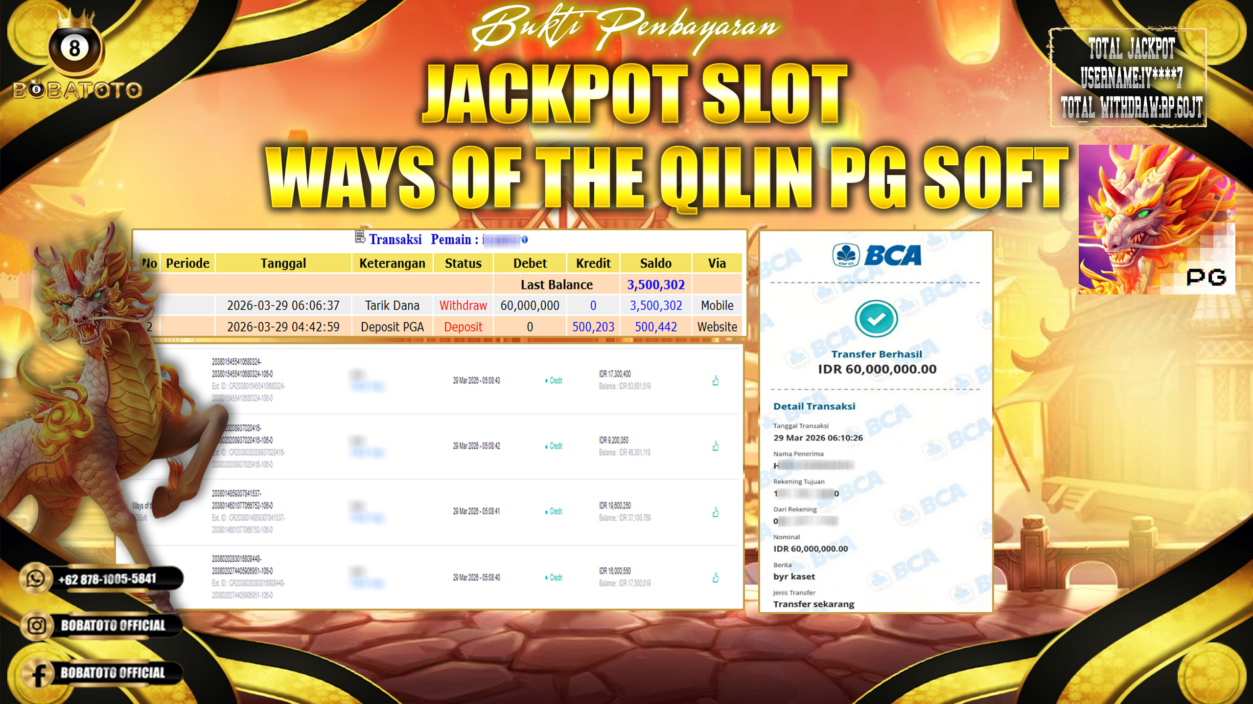 BOBATOTO JACKPOT SLOT WAYS OF THE QILIN  PG SOFT Rp.60,000,000,- LUNAS!!