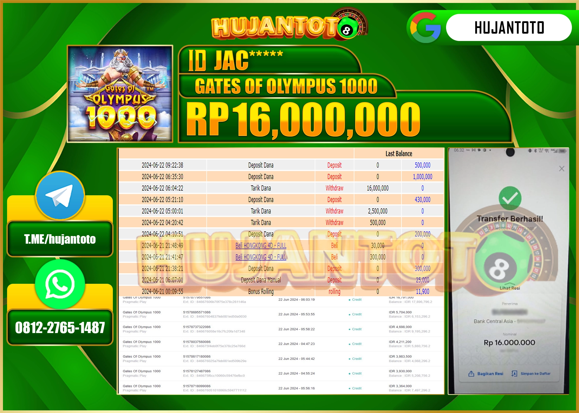 HUJANTOTO MENANG SLOT GATES OF OLYMPUS 1000, WD 16.000.000 - LUNAS 