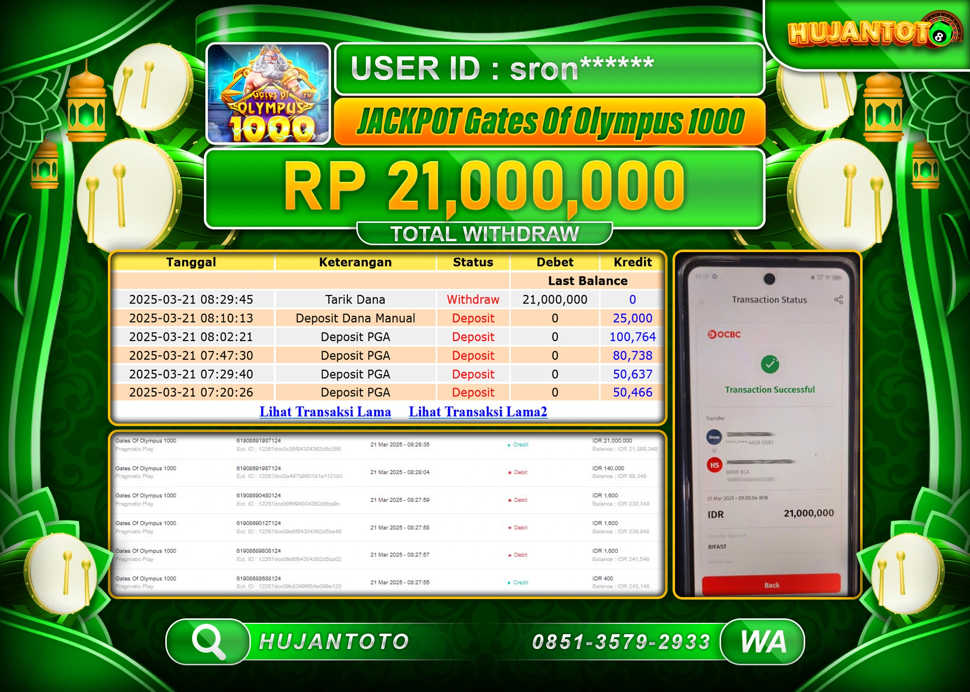 HUJANTOTO - BUKTI JACKPOT MENANG SLOT GATES OF OLYMPUS 1000 Rp,21,000,000 - TERBAYAR LUNAS