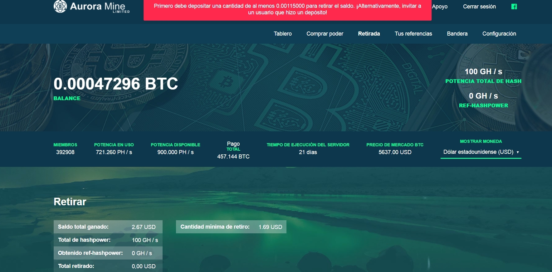 cloud f mining New  Cloud  100GH/S  AuroraMine Mining [Pagando]  Bonus