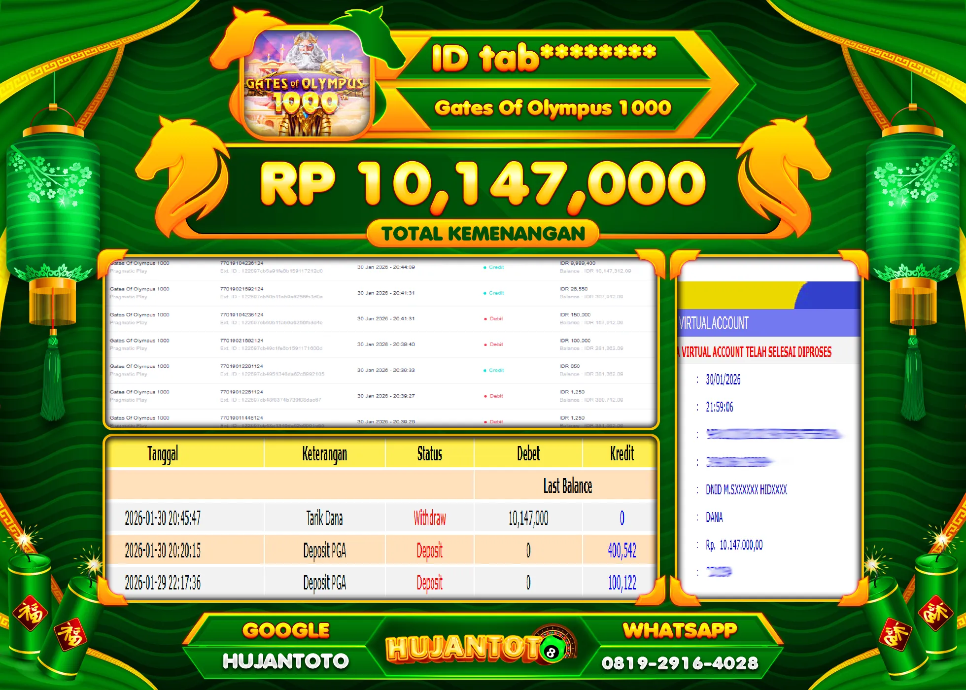 HUJANTOTO - BUKTI JACKPOT MENANG SLOT GATES  OF OLYMPUS 1000 Rp.10,147,000 - TERBAYAR LUNAS