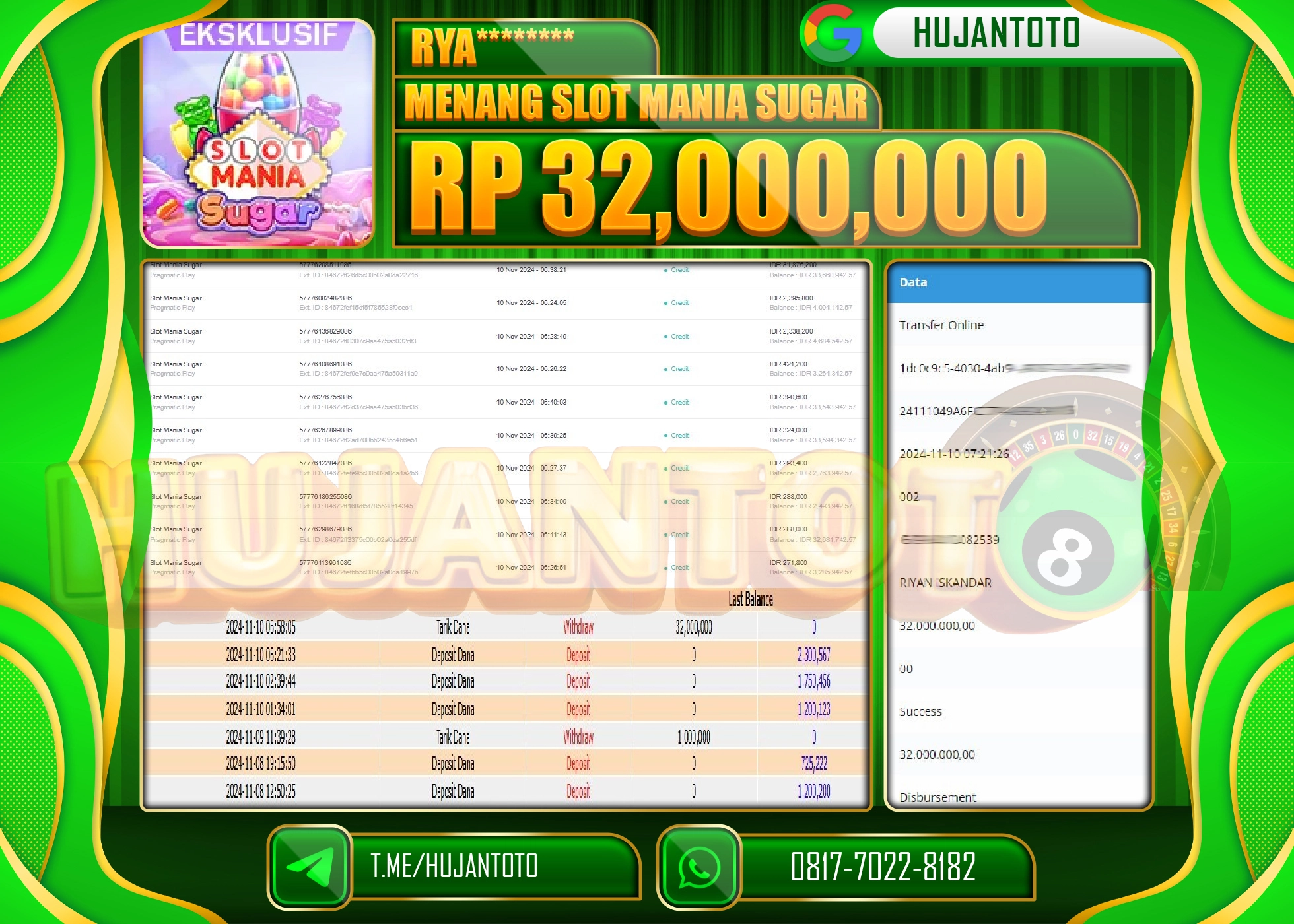HUJANTOTO MENANG DI PERMAINAN  DI RAIH SLOT MANIA SUGAR - 32,000,000  - LUNAS