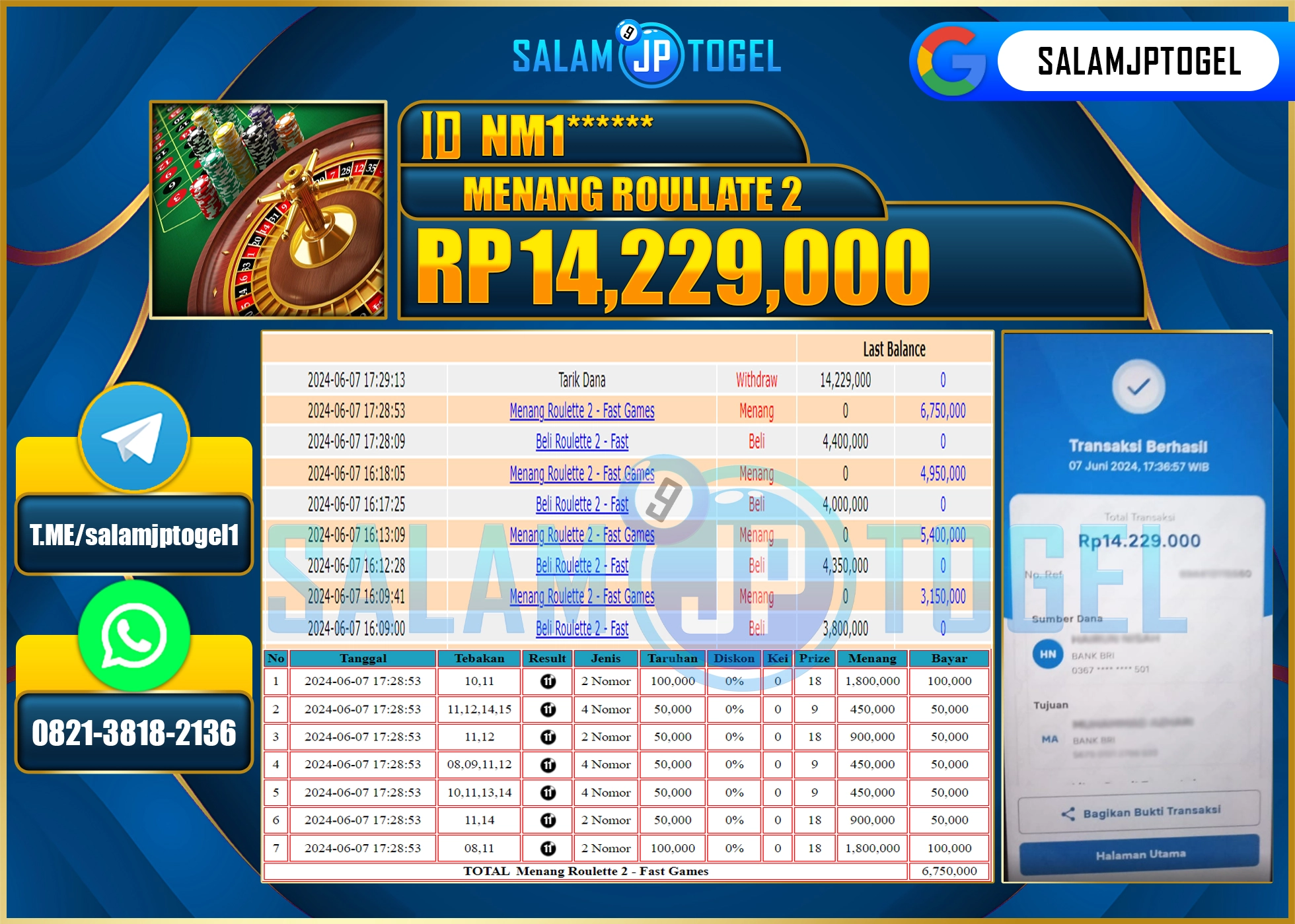 SALAMJPTOGEL MENANG ROULLETTE 2 RP. 14,229,000.,LUNAS
