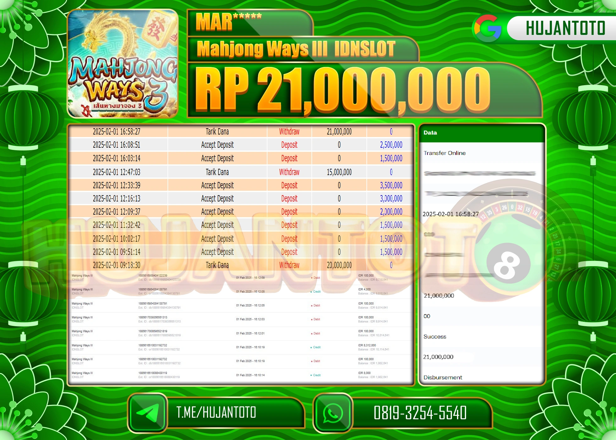 HUJANTOTO - BUKTI JACKPOT MENANG SLOT SLOT MAHJONG WAYS 3 Rp,21,000,000 - TERBAYAR LUNAS