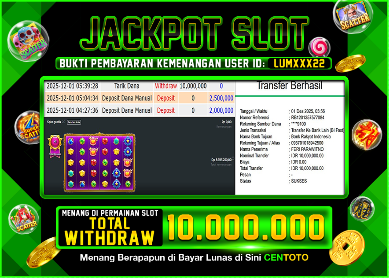 BUKTI JACKPOT SLOT CENTOTO  RP.10.000.000,-LUNAS