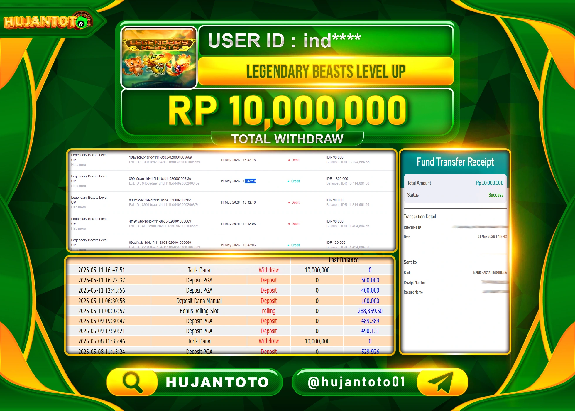 HUJANTOTO - BUKTI JACKPOT MENANG SLOT LEGENDARY BEASTS LEVEL UP Rp.10,000,000 - TERBAYAR LUNAS