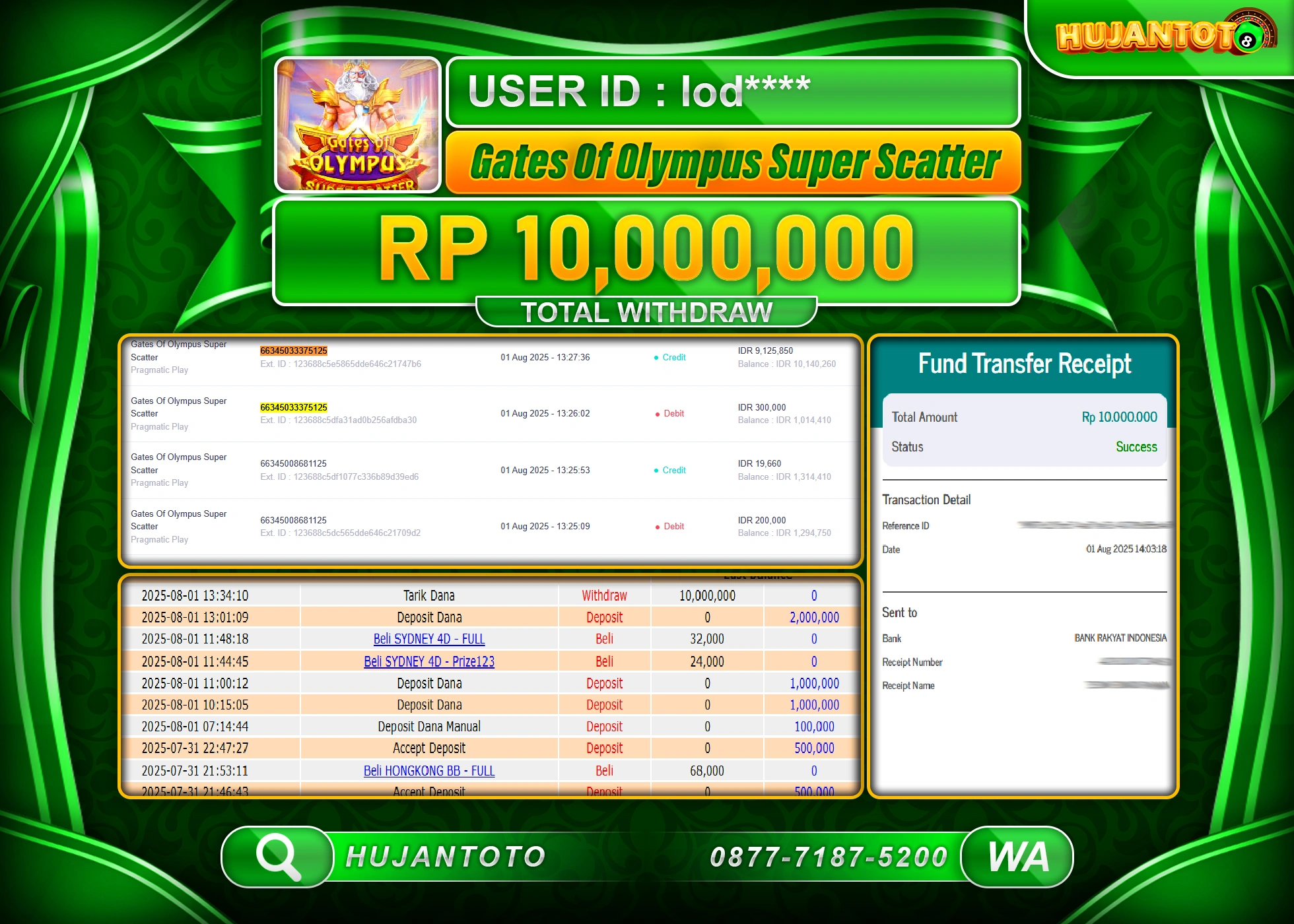 HUJANTOTO - BUKTI JACKPOT MENANG SLOT GATES OF OLYMPUS SUPER SCATTER Rp.10,000,000 - TERBAYAR LUNAS