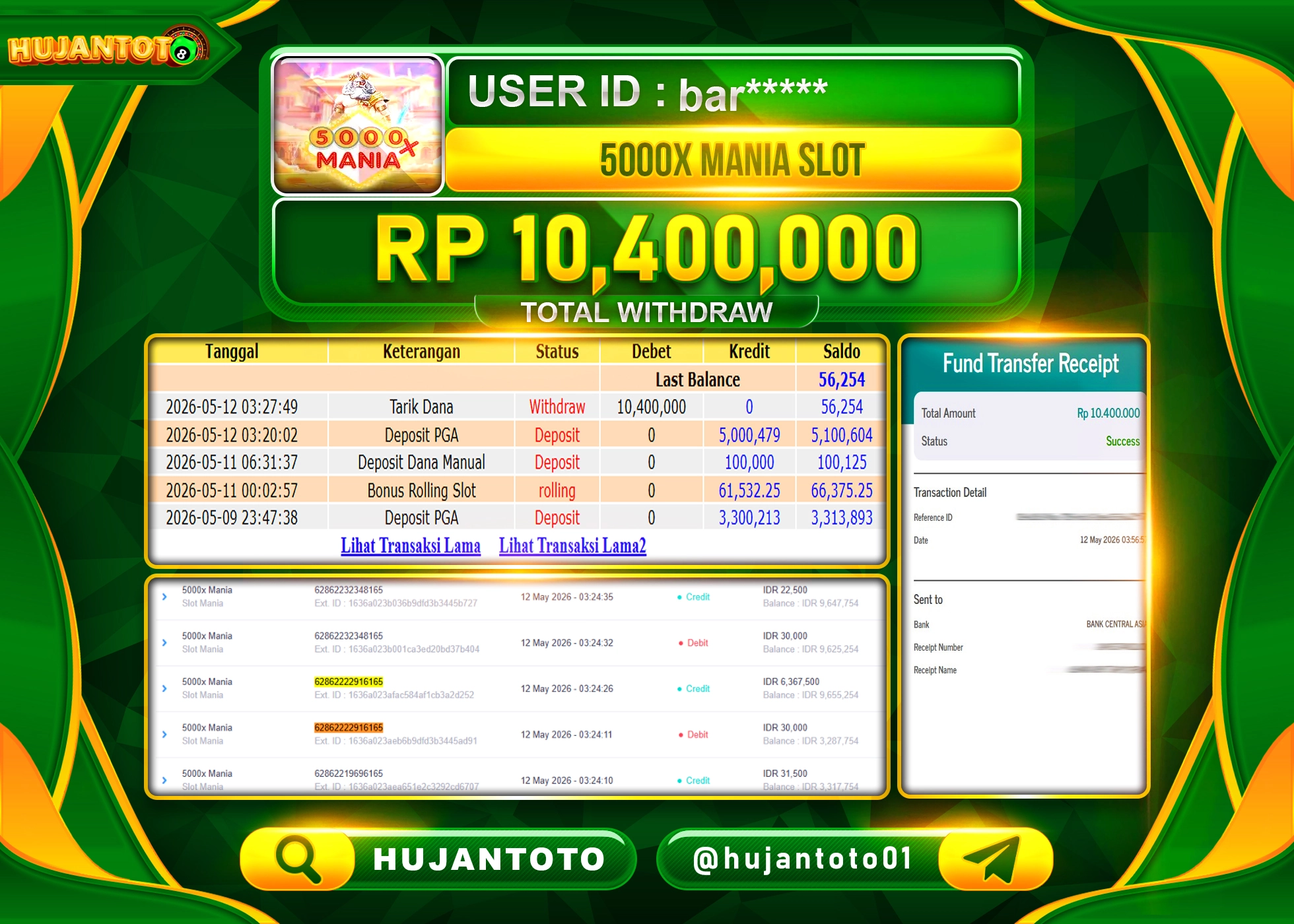 HUJANTOTO - BUKTI JACKPOT MENANG SLOT 5000X MANIA [ SLOT MANIA ] Rp.10,400,000 - TERBAYAR LUNAS