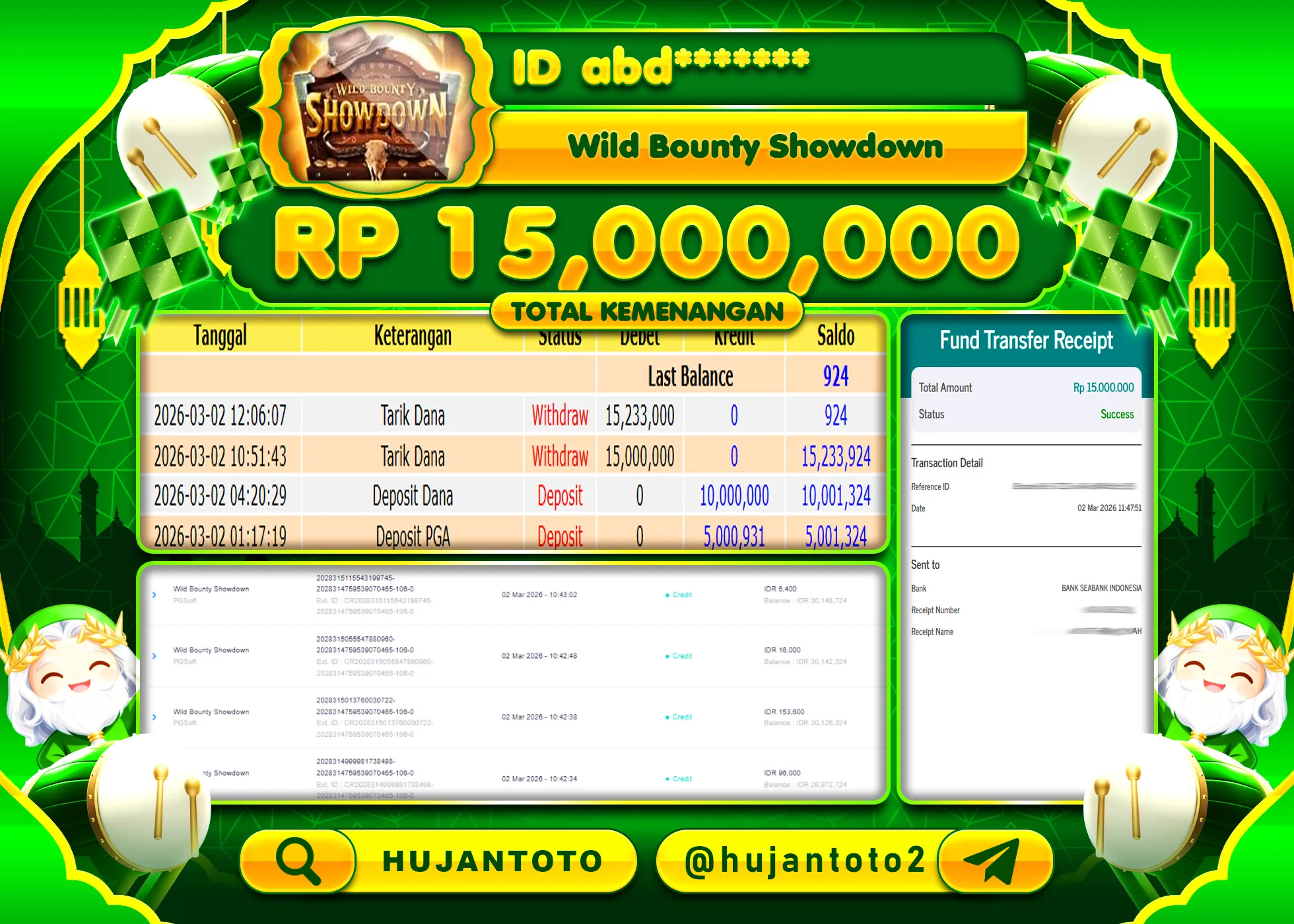 HUJANTOTO - BUKTI JACKPOT MENANG SLOT WILD BOUNTY SHOWDOWN Rp.15,000,000 - TERBAYAR LUNAS
