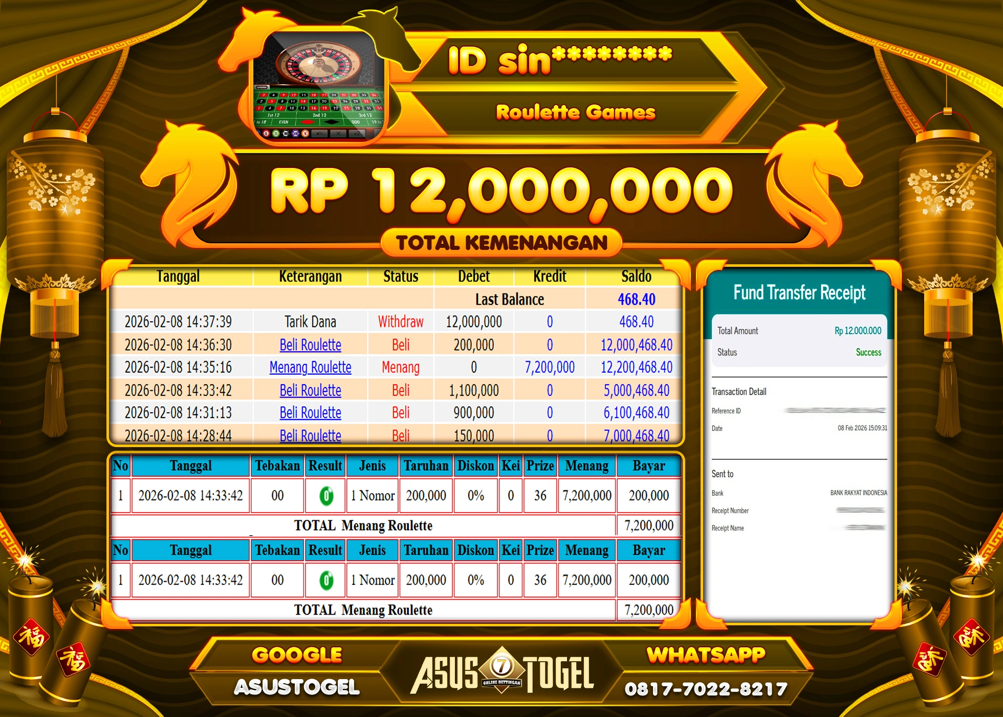 ASUSTOGEL KEMENANGAN DI ROULETTE GAMES SEBESAR 12,000,000 - RUPIAH LUNAS