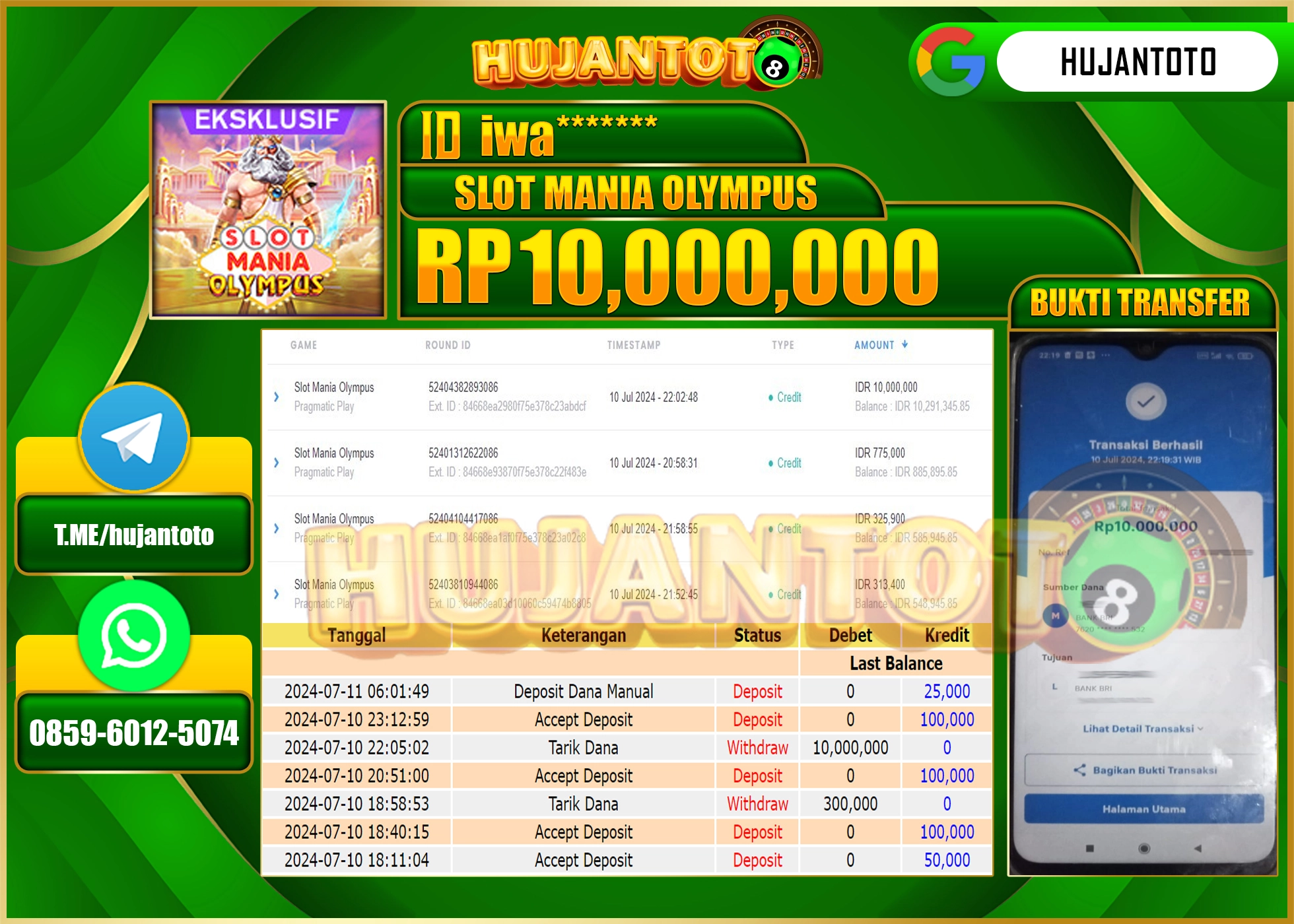 HUJANTOTO MENANG PERMAINAN SLOT MANIA OLYMPUS ( Pragmatic Play ) 10.000.000 - LUNAS 