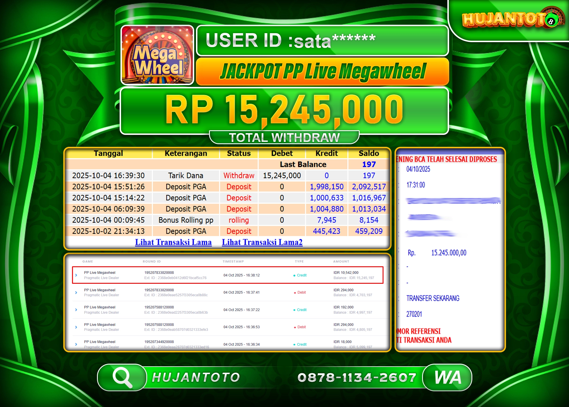 HUJANTOTO - BUKTI JACKPOT MENANG PRAGMATIC LIVE MEGA WHEEL Rp.15,245,000 - TERBAYAR LUNAS