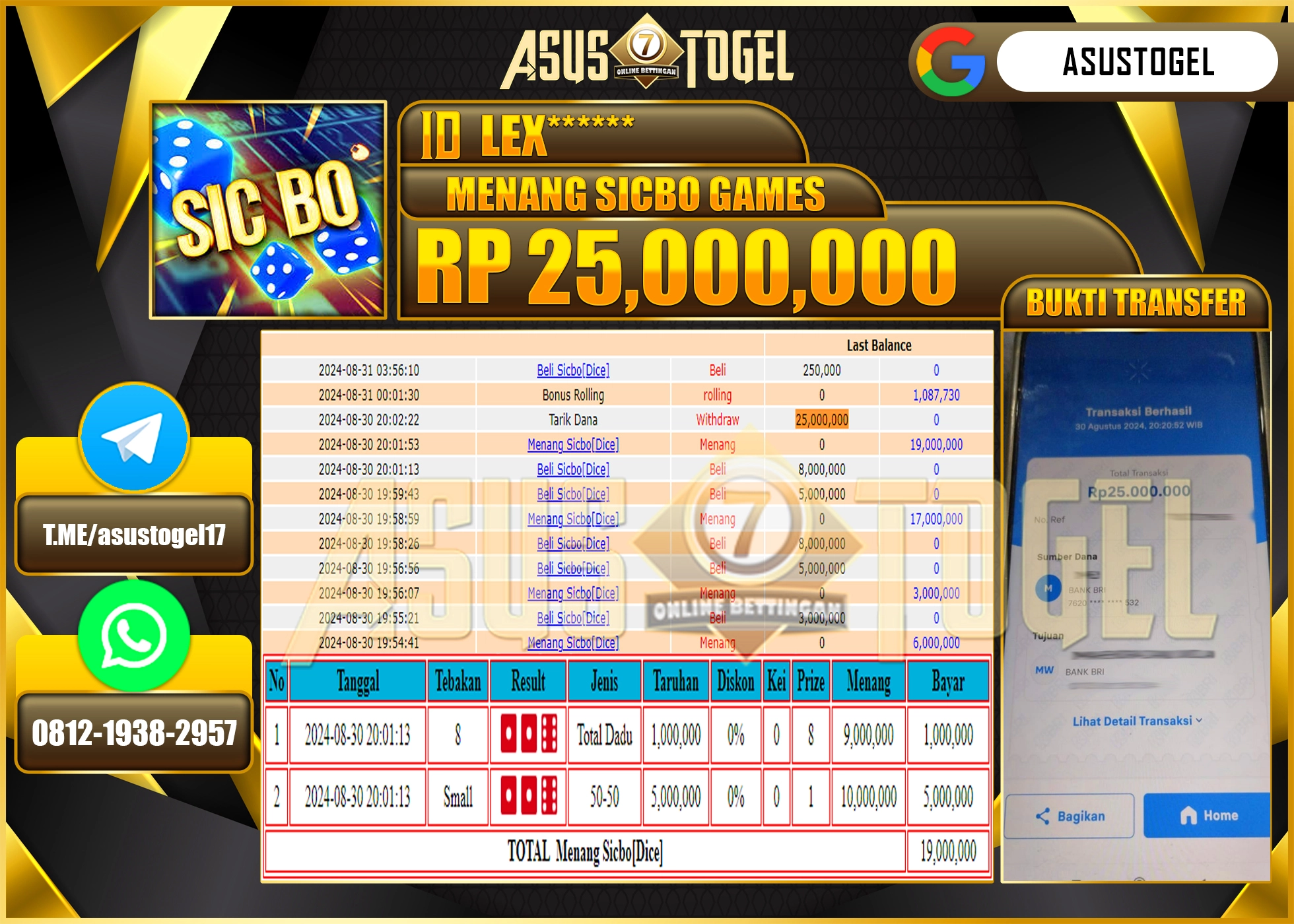 ASUSTOGEL KEMENANGAN DI LIVEGAME SICBO GAMES SEBESAR  25,000,000- RUPIAH LUNAS