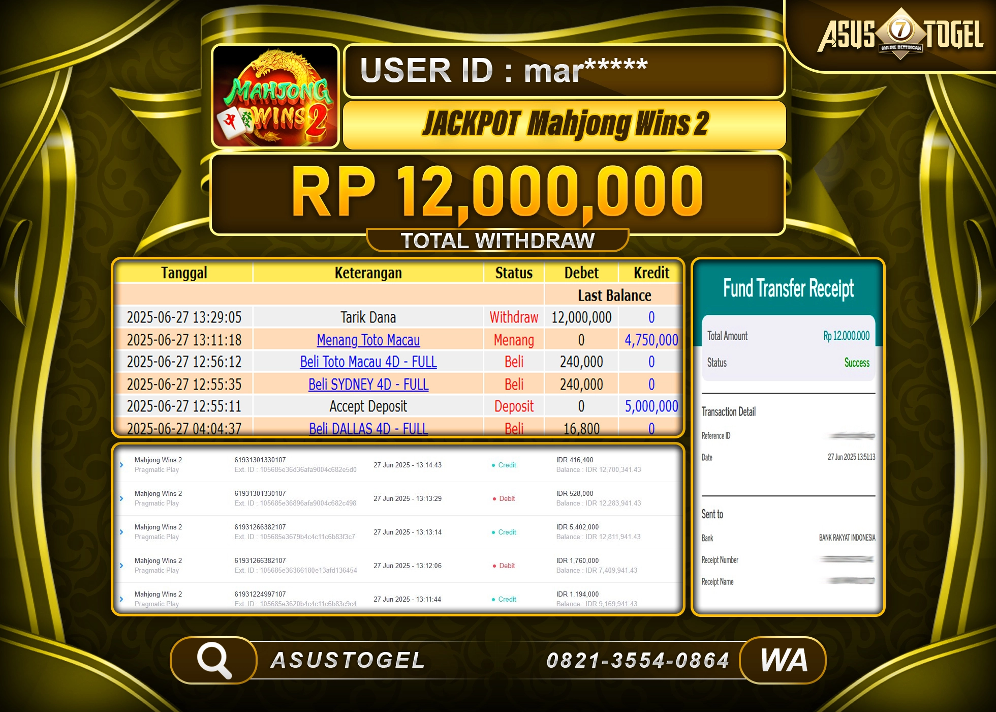 ASUSTOGEL KEMENANGAN DI SLOT MAHJONG WINS 2 SEBESAR 12,000,000- RUPIAH LUNAS