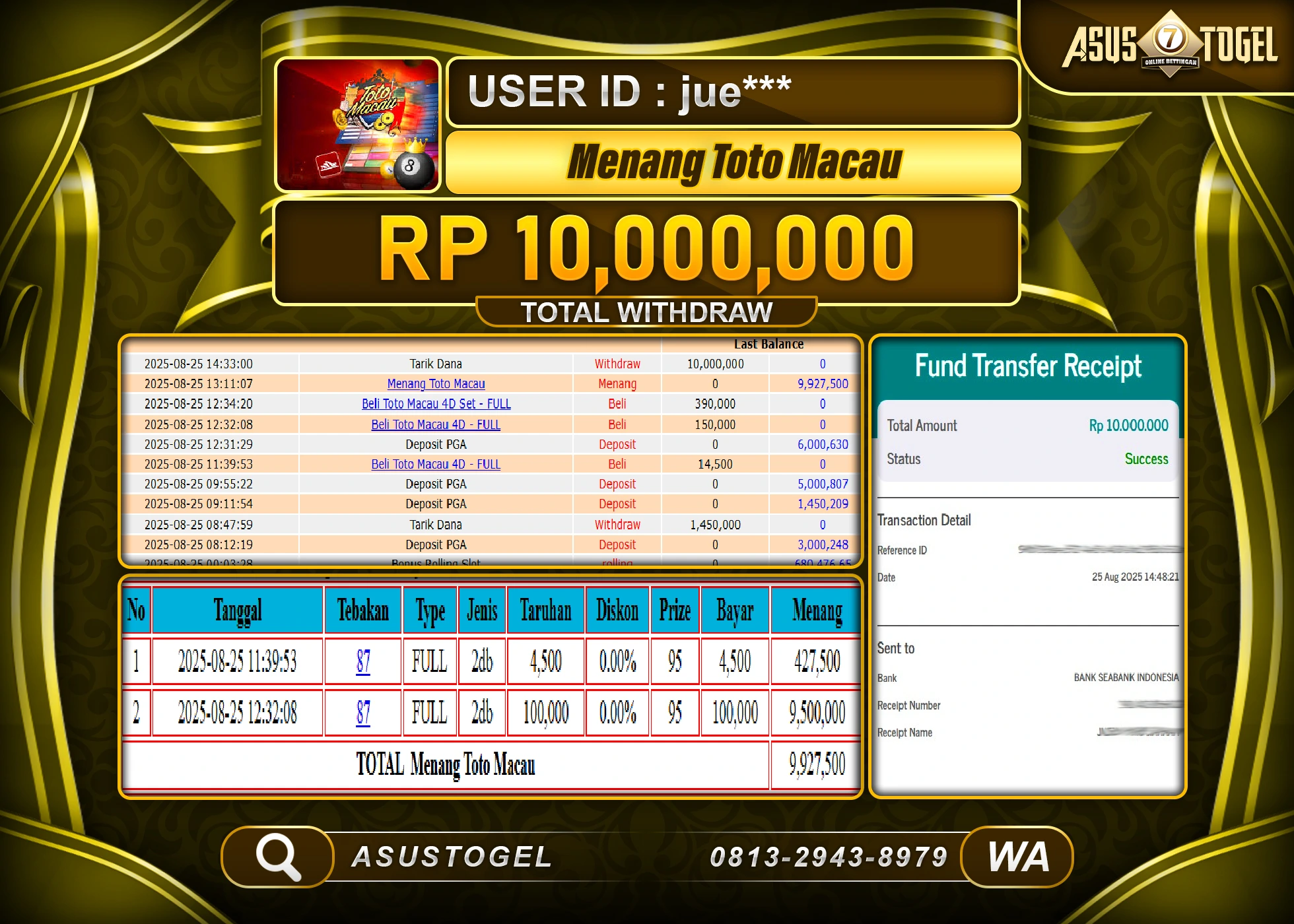 ASUSTOGEL KEMENANGAN DI TOGEL TOTO MACAU 4D SEBESAR 10,000,000- RUPIAH LUNAS