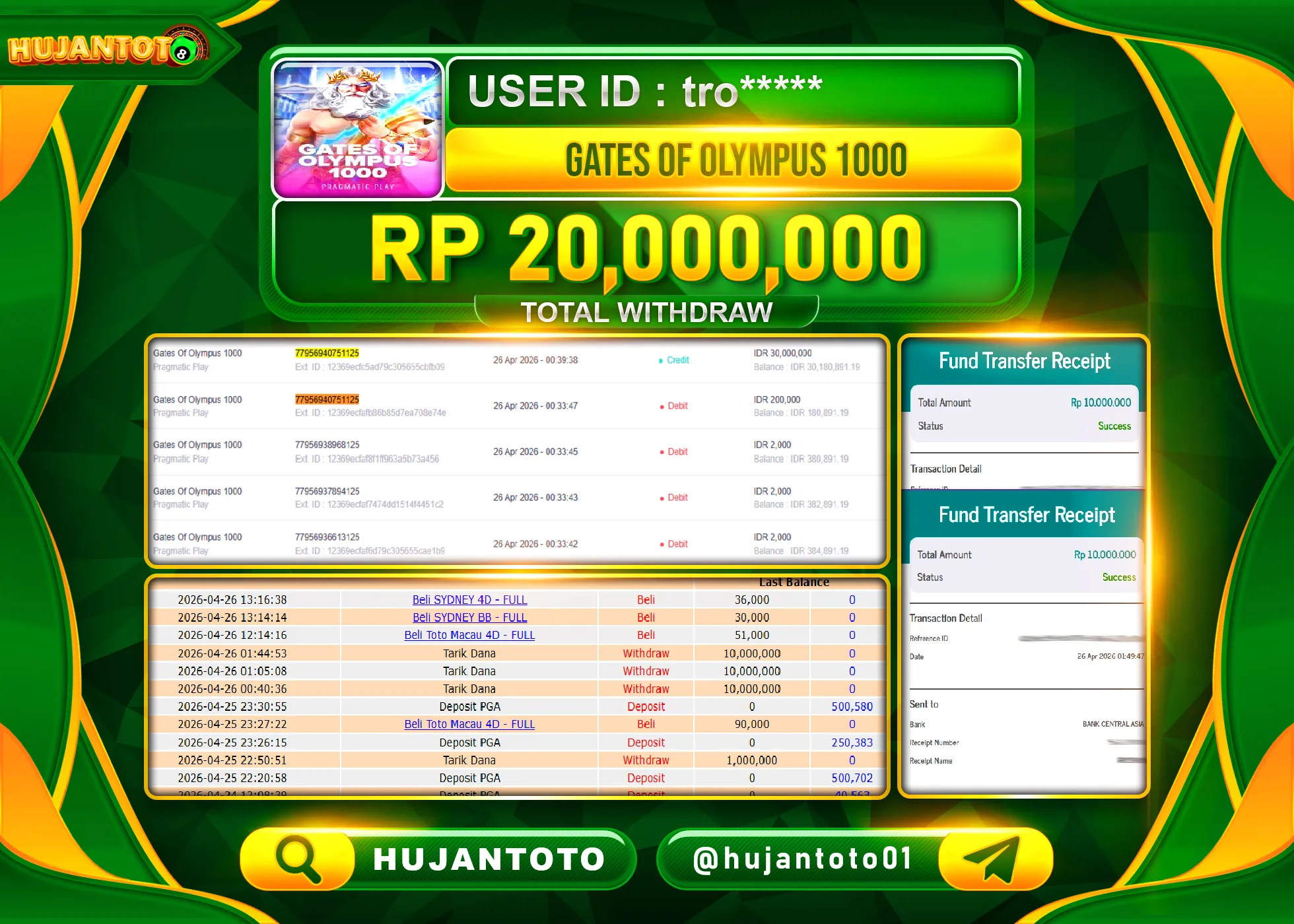 HUJANTOTO - BUKTI JACKPOT MENANG SLOT GATES OF OLYMPUS 1000 Rp.20,000,000 - TERBAYAR LUNAS